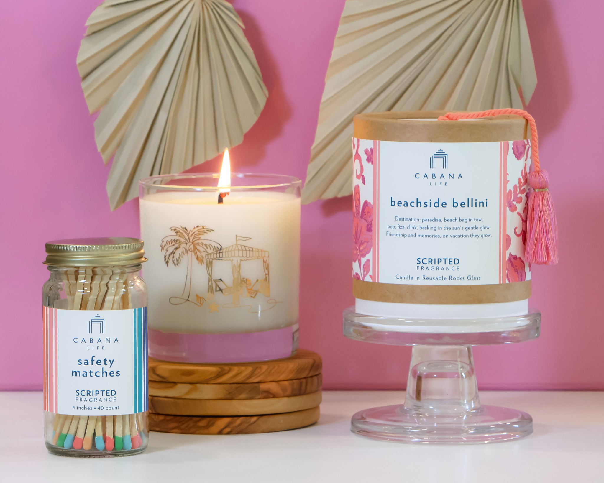 Relax into sunset with the Beachside Bellini candle, hand-poured with 100% soy wax—echoing the warm tones of Cabana Life’s beach caftans.