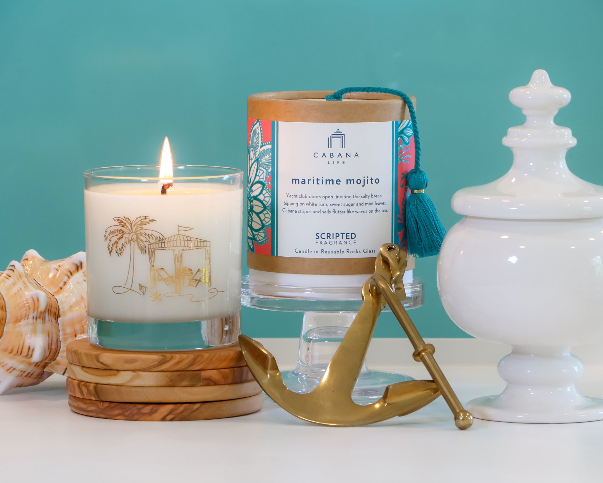 Cool mint and citrus notes from the Maritime Mojito candle evoke seaside escapes—ideal for gifting alongside beachy Cabana Life accessories