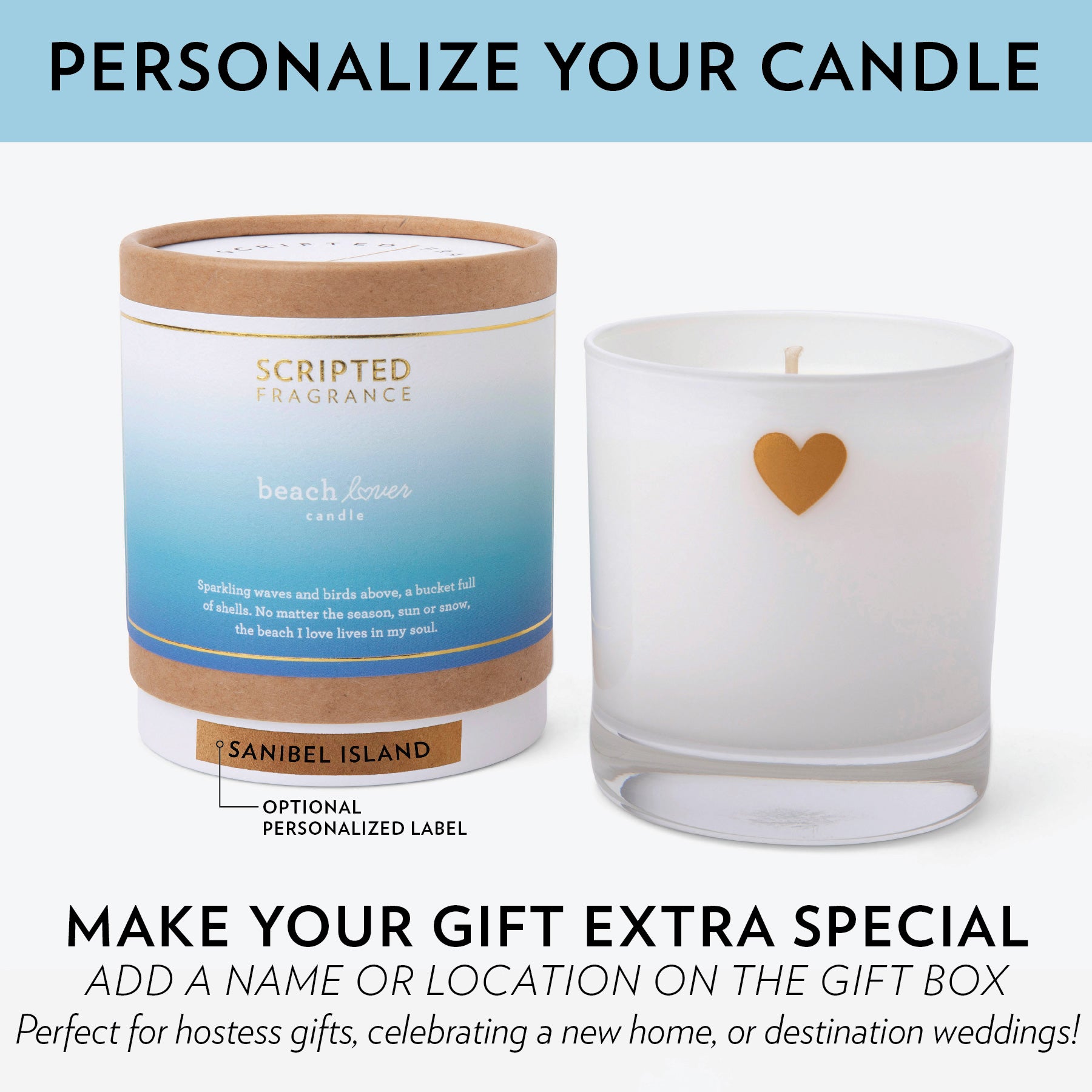 Beach Lover scented soy candle ideal for summer birthdays or beach trips that can be personalized