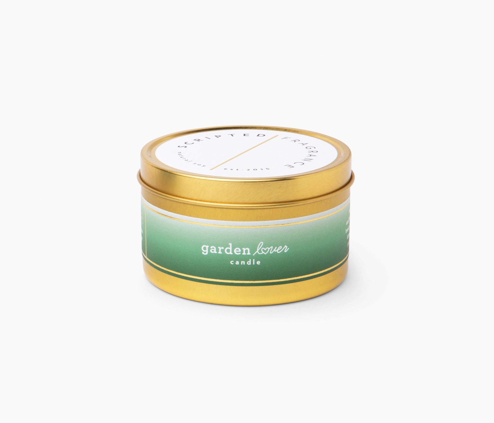 Perfect gift candle for plant moms and garden lovers in gold travel tin