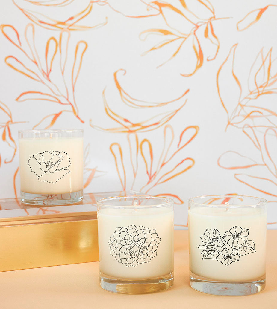Fall birth flower candles for September, October, and November—featuring Morning Glory, Marigold, and Peony scents in reusable glass tumblers, hand-poured with 100% soy wax, non-toxic, perfect for autumn birthdays and seasonal gifting