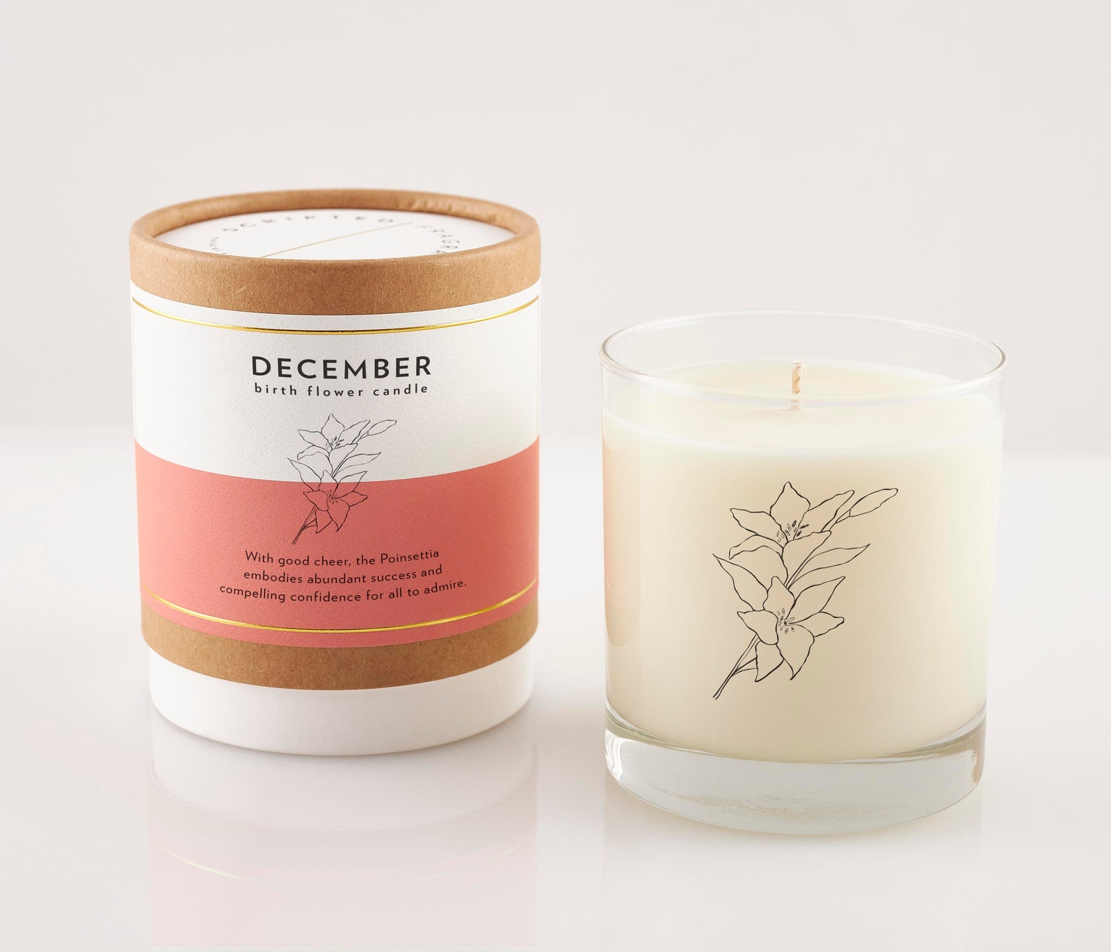 December Poinsettia Candle in reusable drinking glass with soft floral scent, 100% soy wax, perfect for birthday gifts