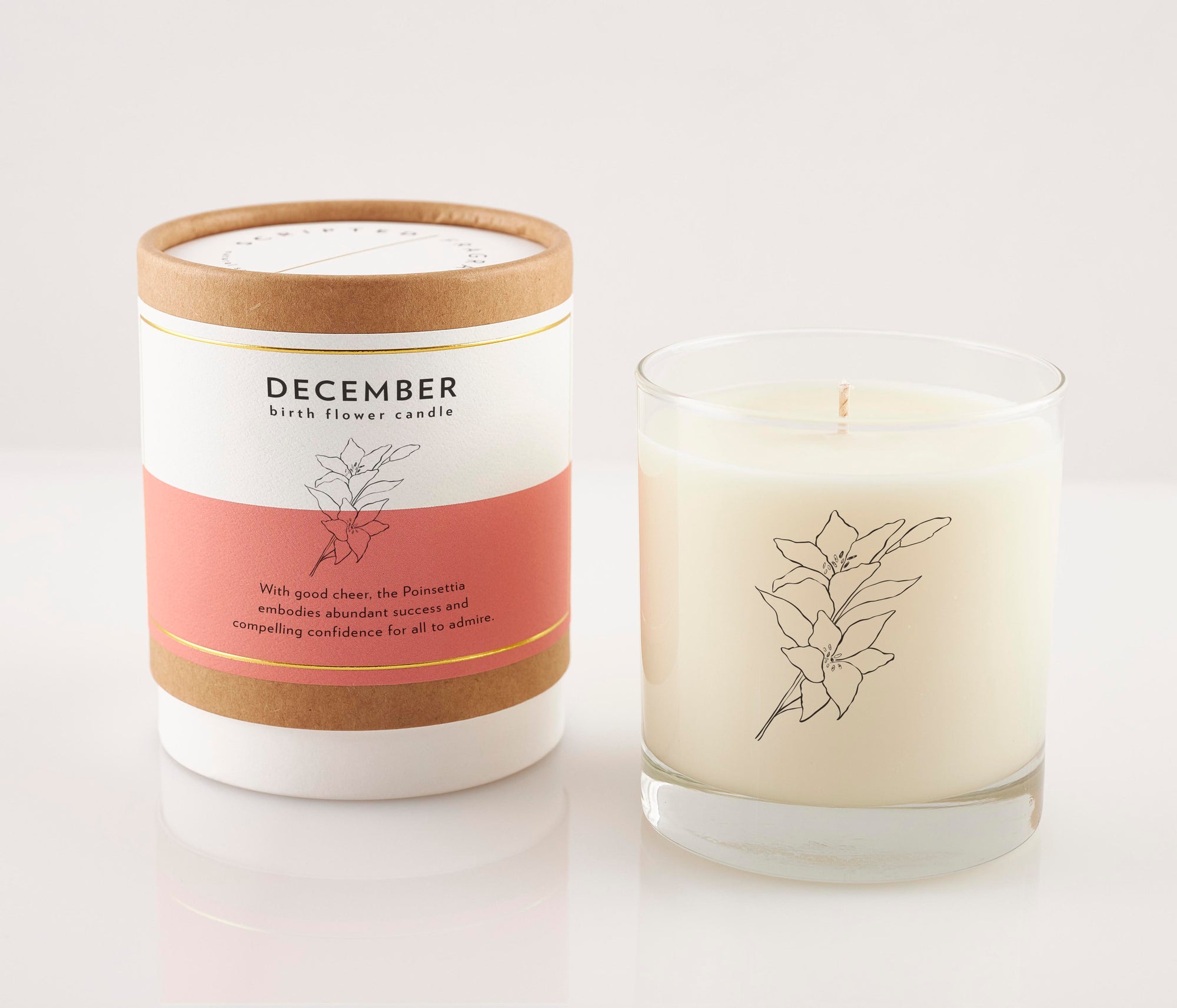 December Poinsettia Candle in reusable drinking glass with soft floral scent, 100% soy wax, perfect for birthday gifts