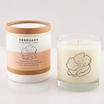 February Primrose Candle in reusable drinking glass with soft floral scent, 100% soy wax, perfect for birthday gifts