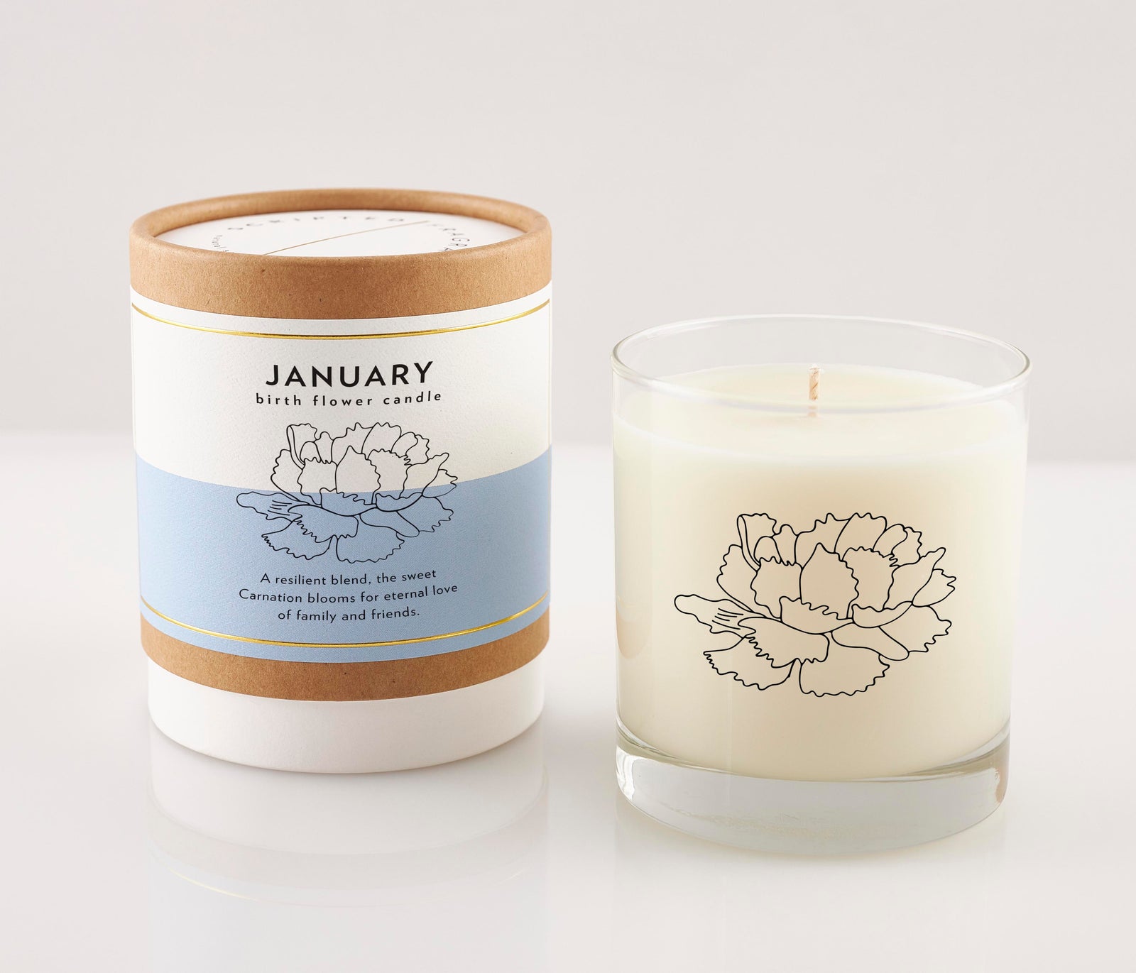 January Carnation Candle in reusable drinking glass with soft floral scent, 100% soy wax, perfect for birthday gifts