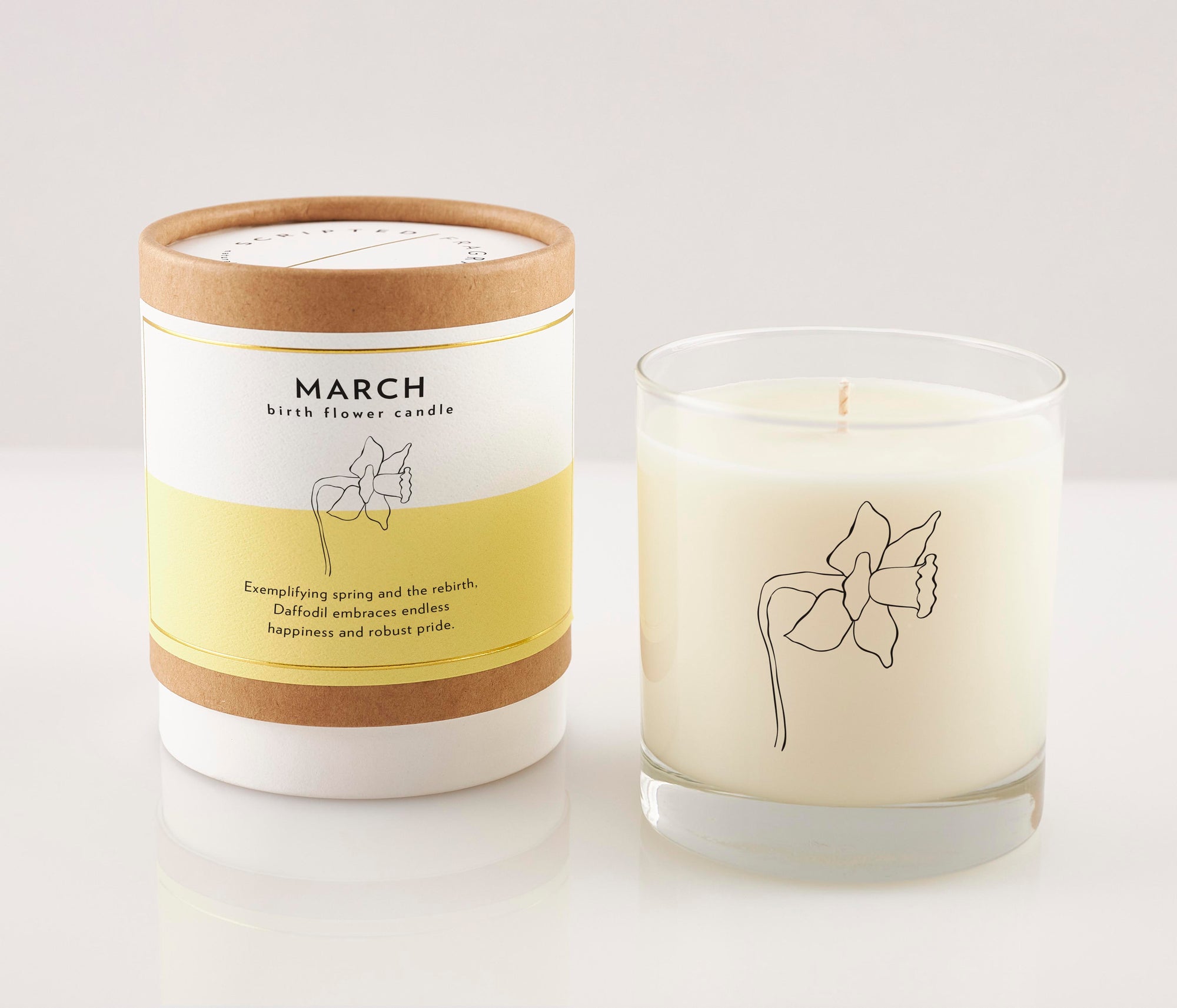 March Daffodil Candle in reusable drinking glass with soft floral scent, 100% soy wax, perfect for birthday gifts