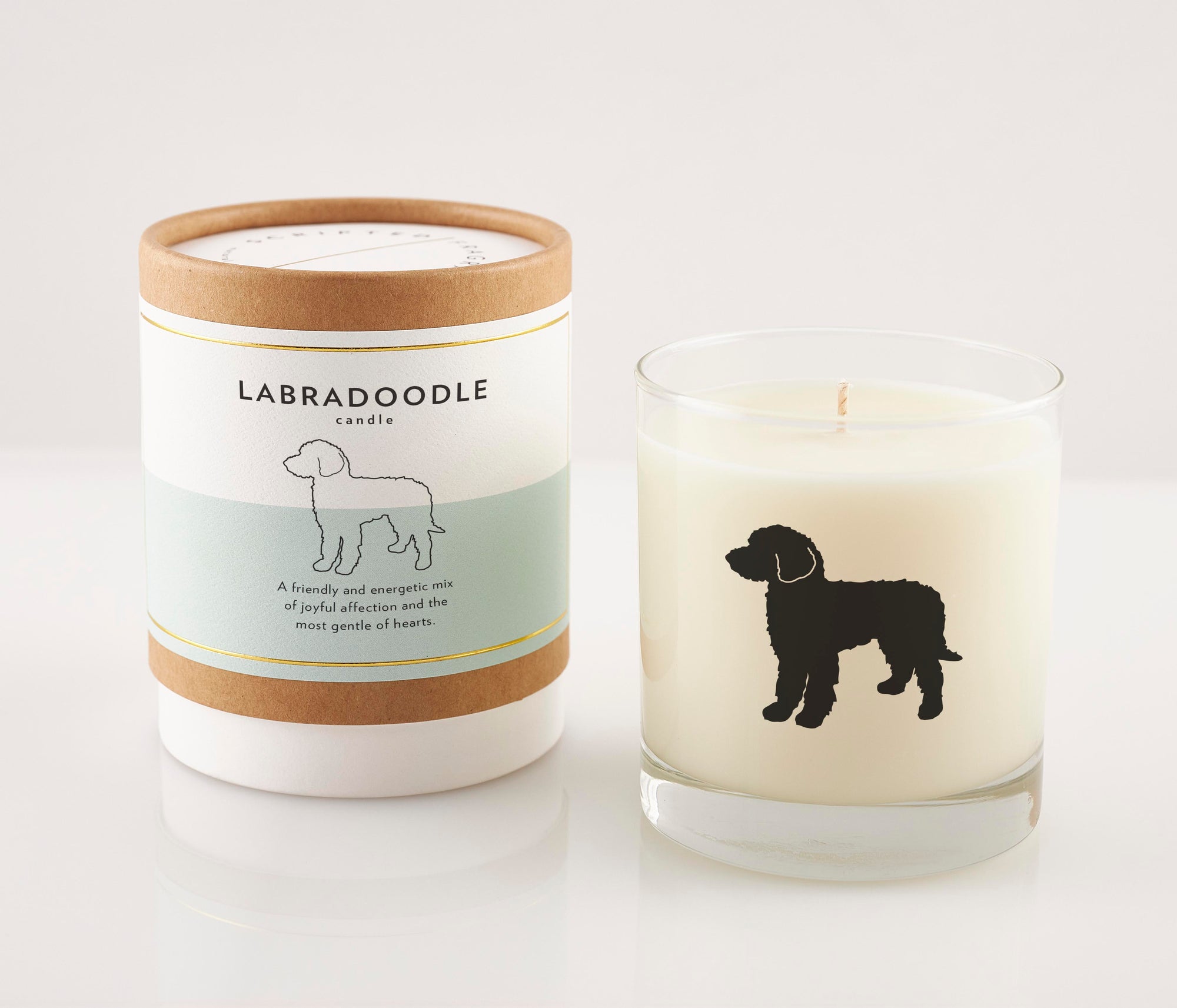 Labradoodle-themed soy candle in reusable drinkware
