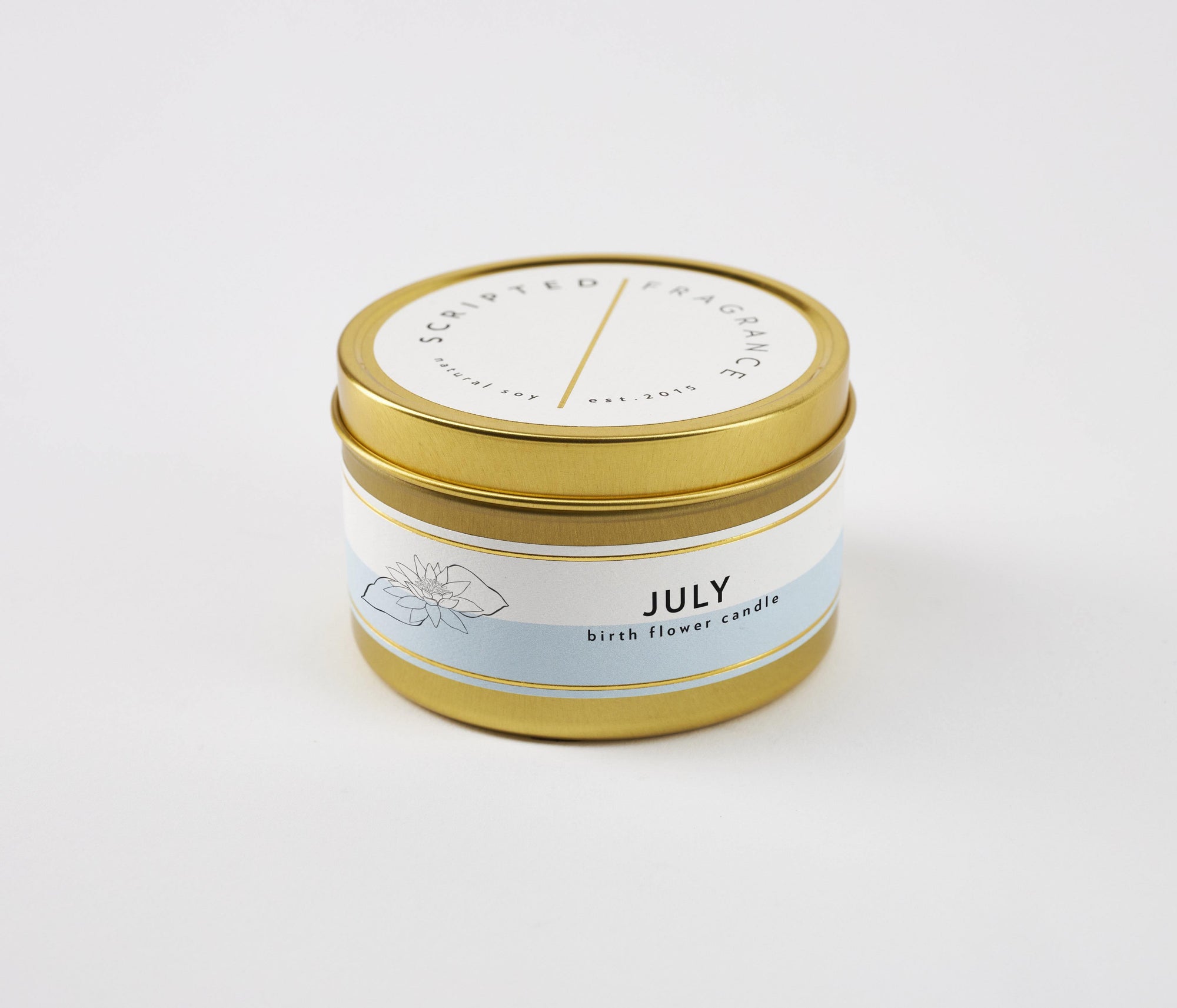 Water Lily Candle in a gold tin, 100% soy wax, perfect for travel or compact birthday gifting