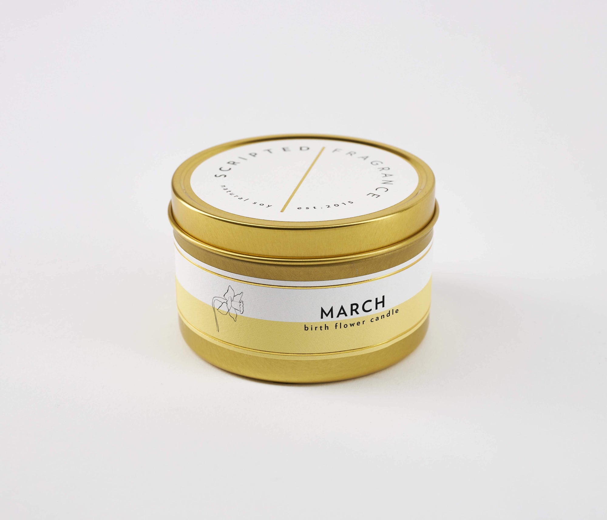 Daffodil Candle in a gold tin, 100% soy wax, perfect for travel or compact birthday gifting