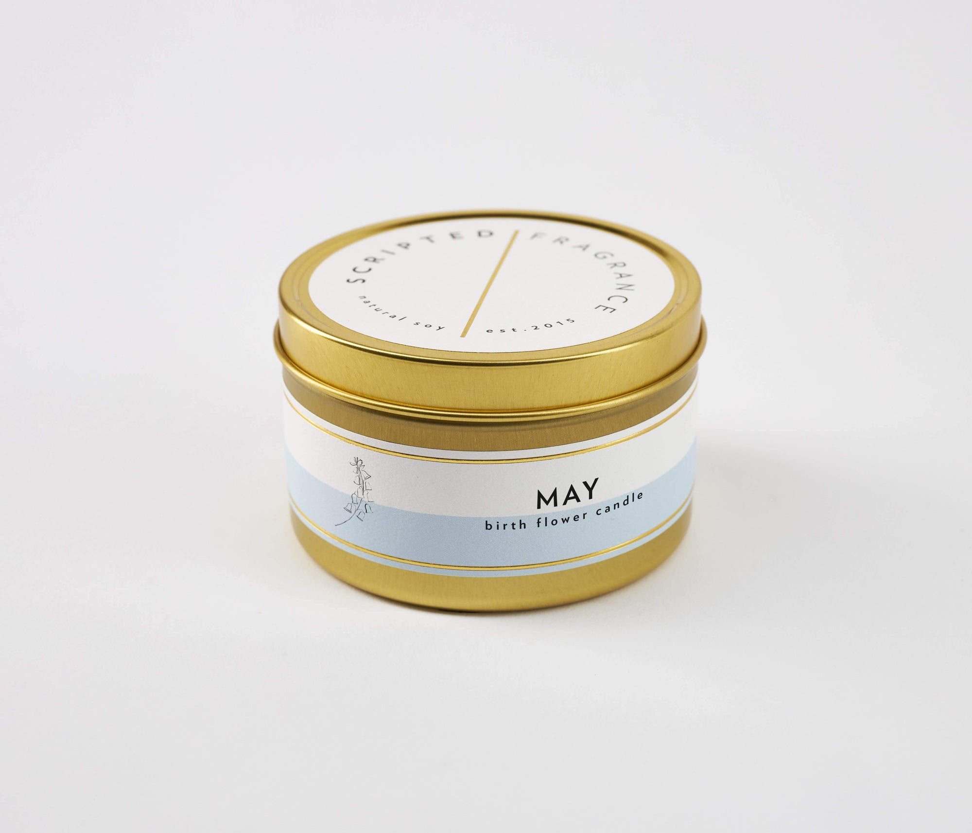 Lily of the Valley Candle in a gold tin, 100% soy wax, perfect for travel or compact birthday gifting