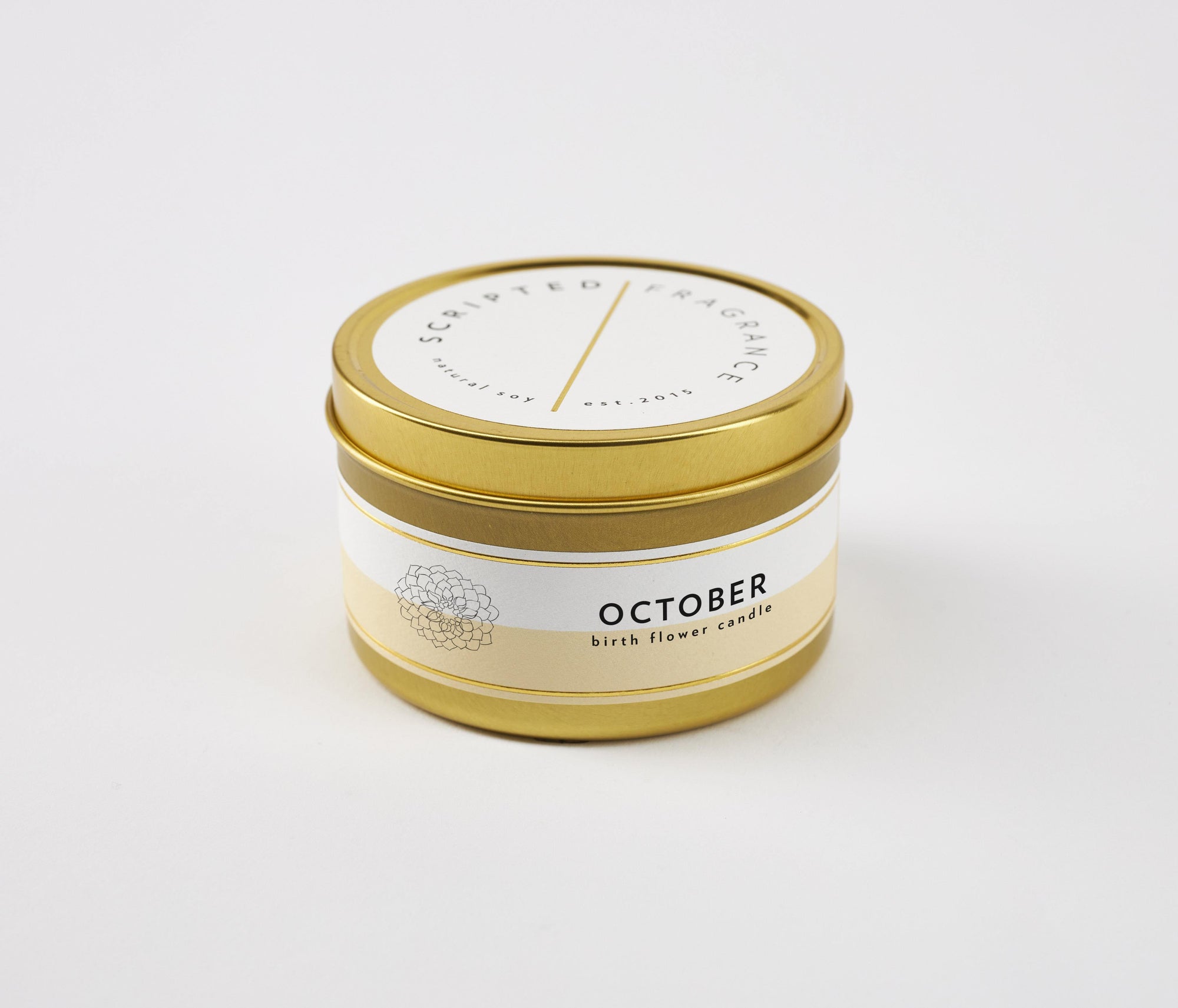 Marigold Candle in a gold tin, 100% soy wax, perfect for travel or compact birthday gifting