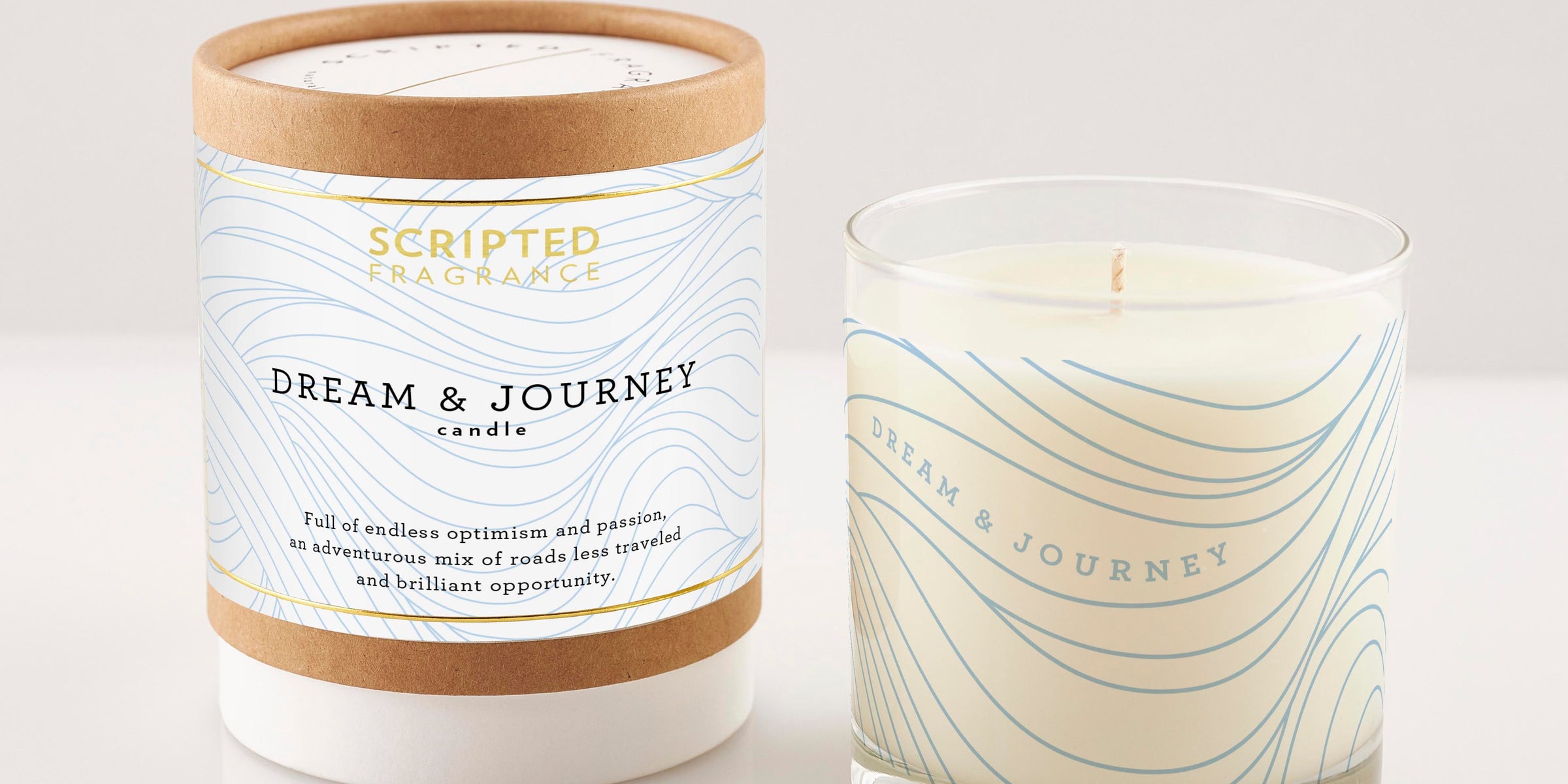 Dream & Journey soy candle in a reusable rocks glass with lemongrass and green tea fragrance – perfect for graduates or new job celebrations.
