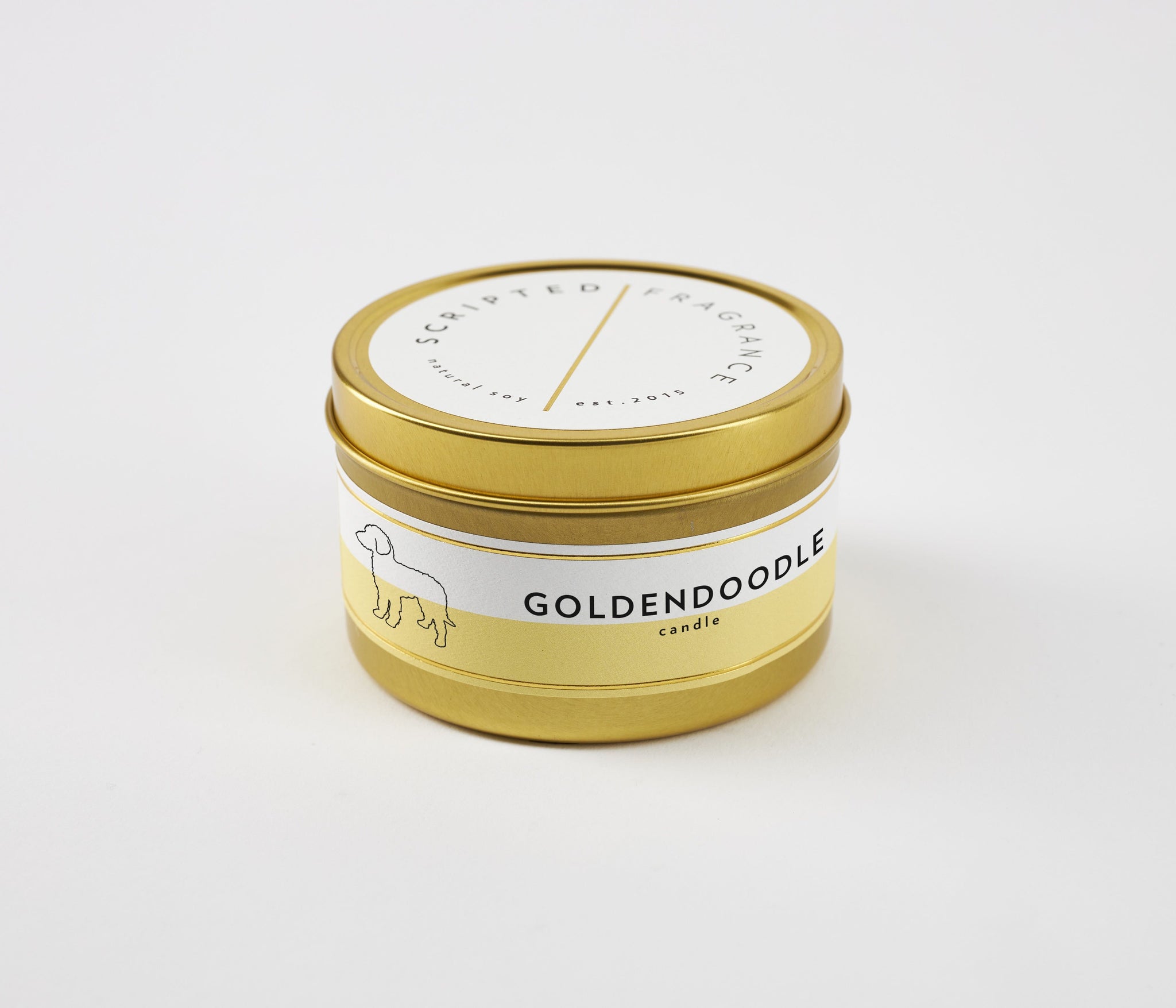 On-the-go soy wax goldendoodle candle in gold tin for gifts
