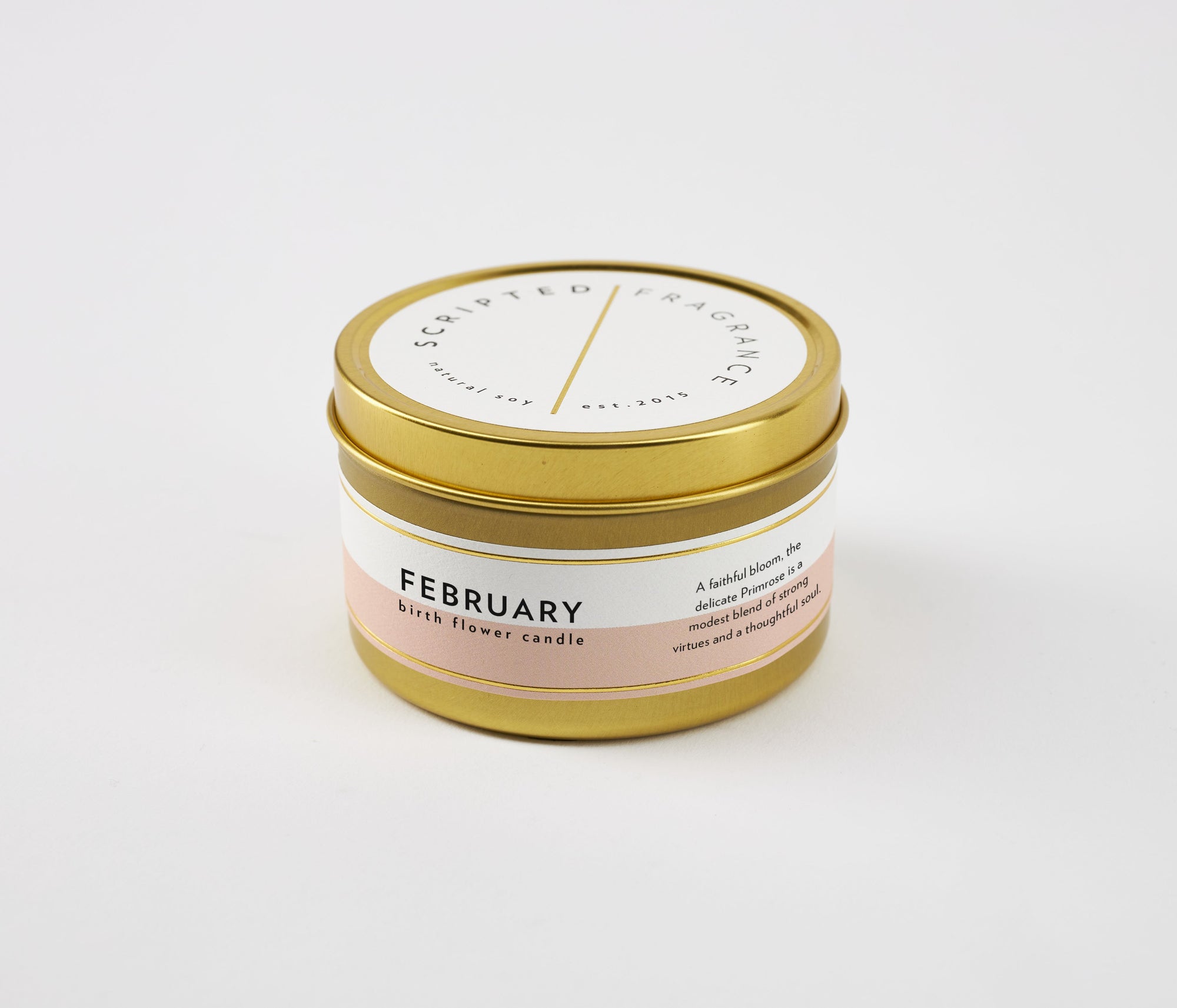 February Primrose Candle in matte gold tin, floral and clean scent, eco-friendly and portable