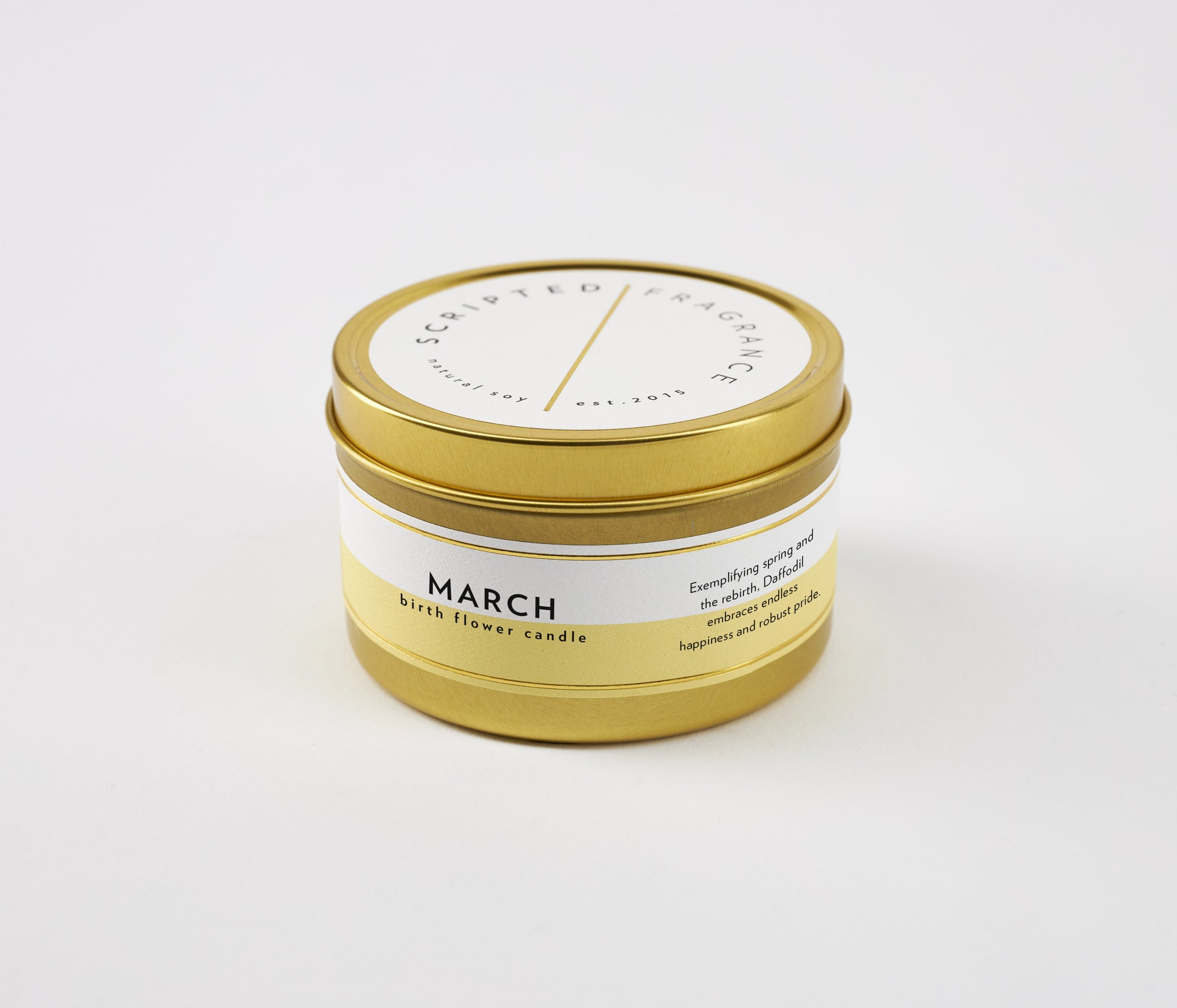 March Daffodil Candle in matte gold tin, floral and clean scent, eco-friendly and portable
