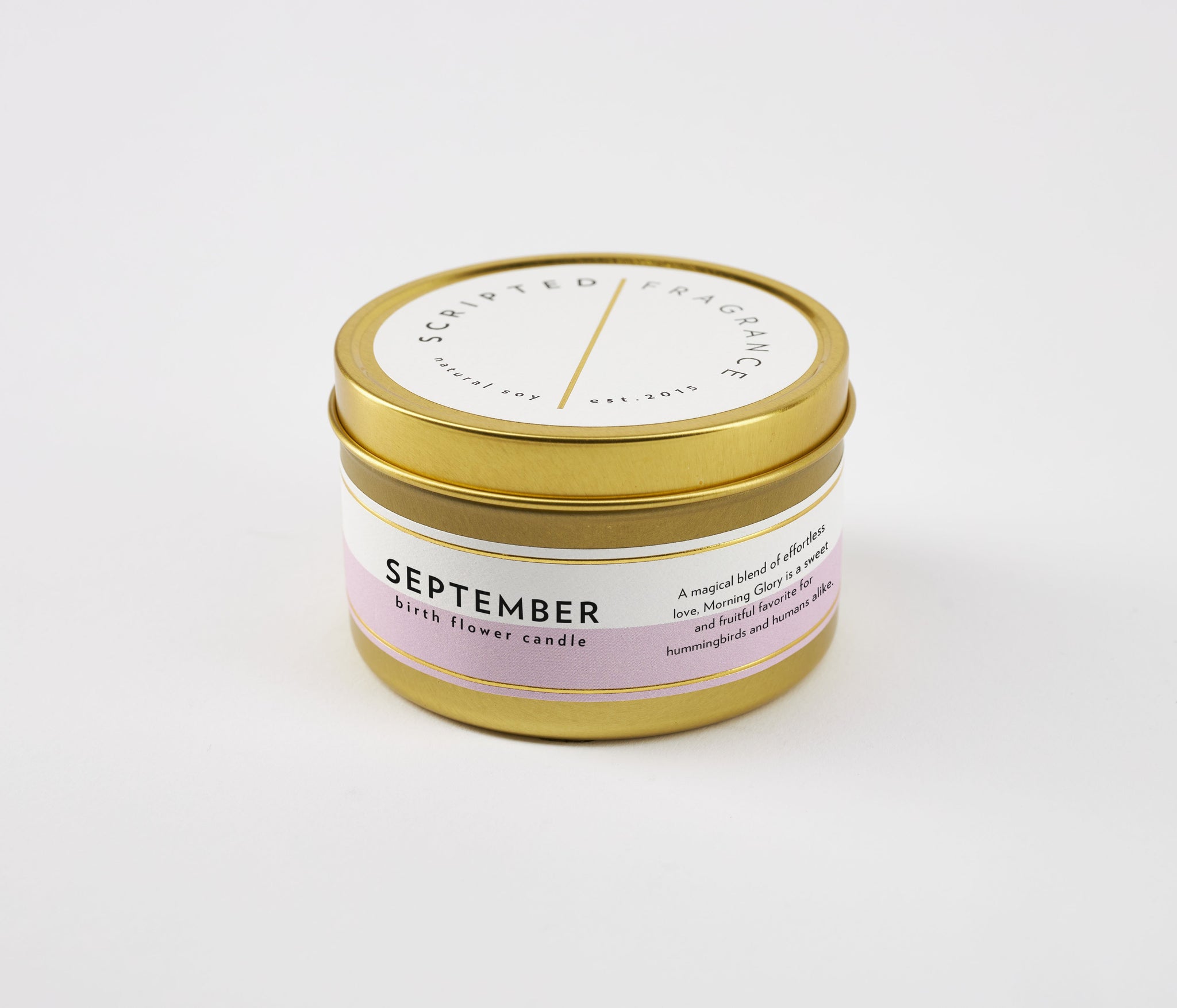 September Morning Glory Candle in matte gold tin, floral and clean scent, eco-friendly and portable