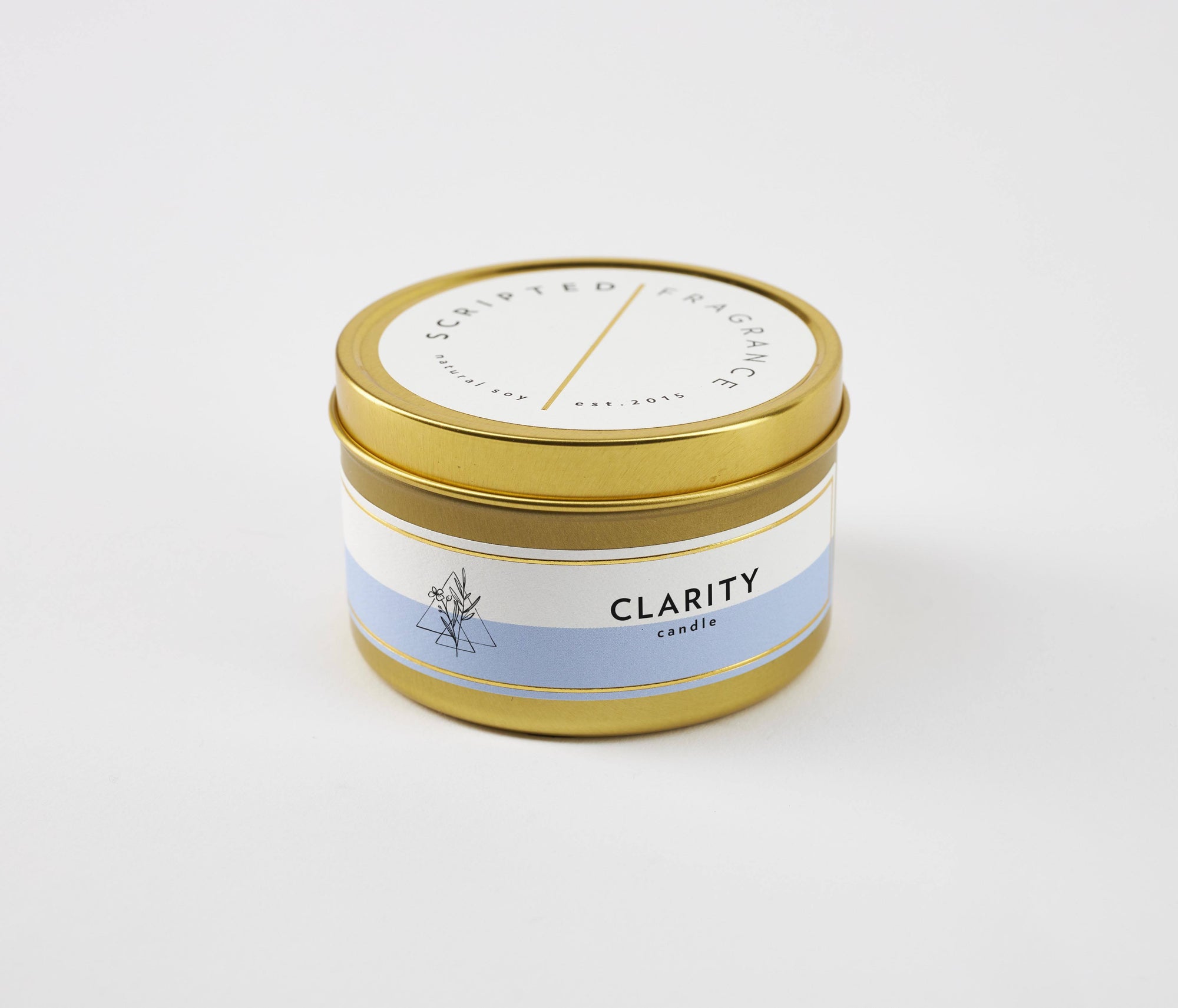 Travel-size Clarity candle in gold tin – wellness favor or retreat takeaway