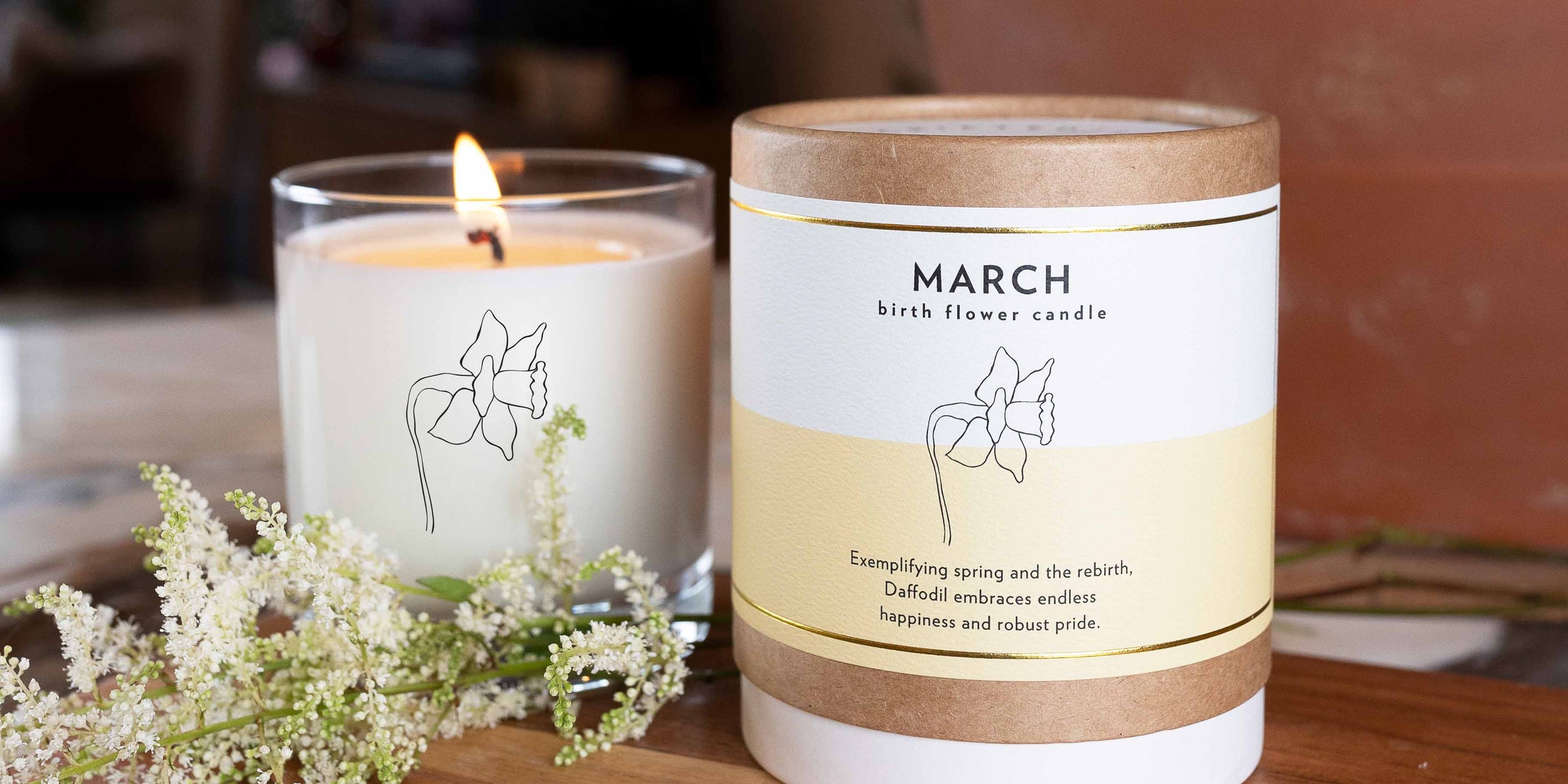 Daffodil-scented candle in reusable drinking glass, March birth flower, clean-burning and non-toxic