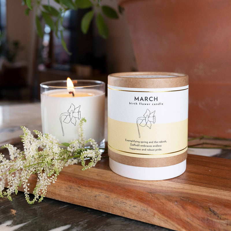 Daffodil-scented candle in reusable drinking glass, March birth flower, clean-burning and non-toxic
