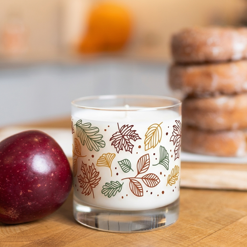Scripted Fragrance fall soy candle in an autumn still life with apple and pumpkins