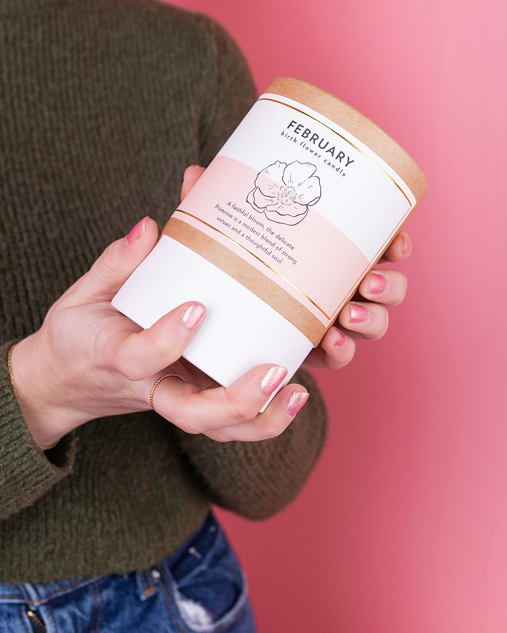 Primrose soy candle in reusable drinking glass for February birthdays, non-toxic and giftable packaging detail