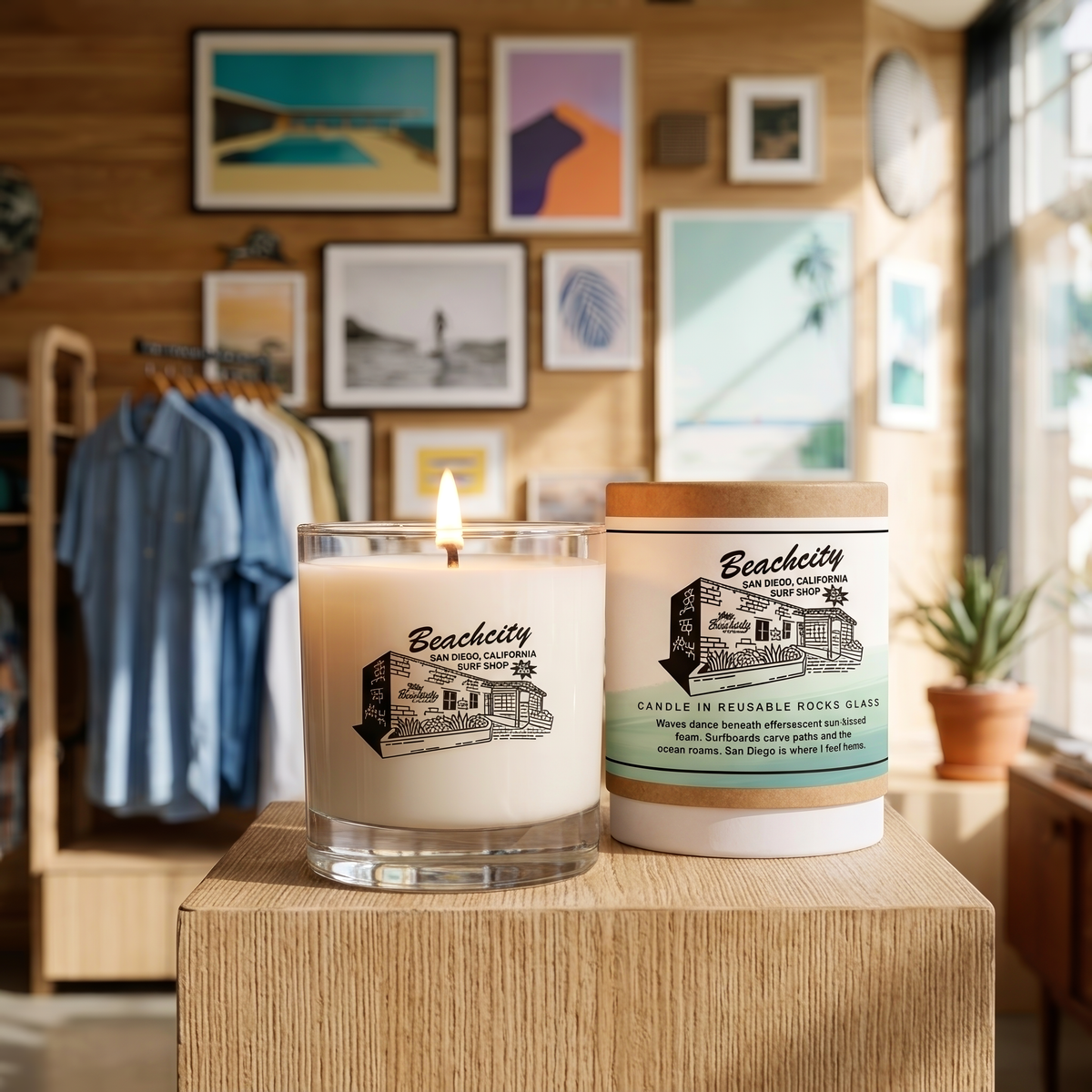 A Beachcity scented candle in a clear glass vessel with a lit flame sits beside its matching labeled jar on a wooden table in a warm, boutique-style room with framed art and clothing racks in the background. Scripted Fragrance custom private label
