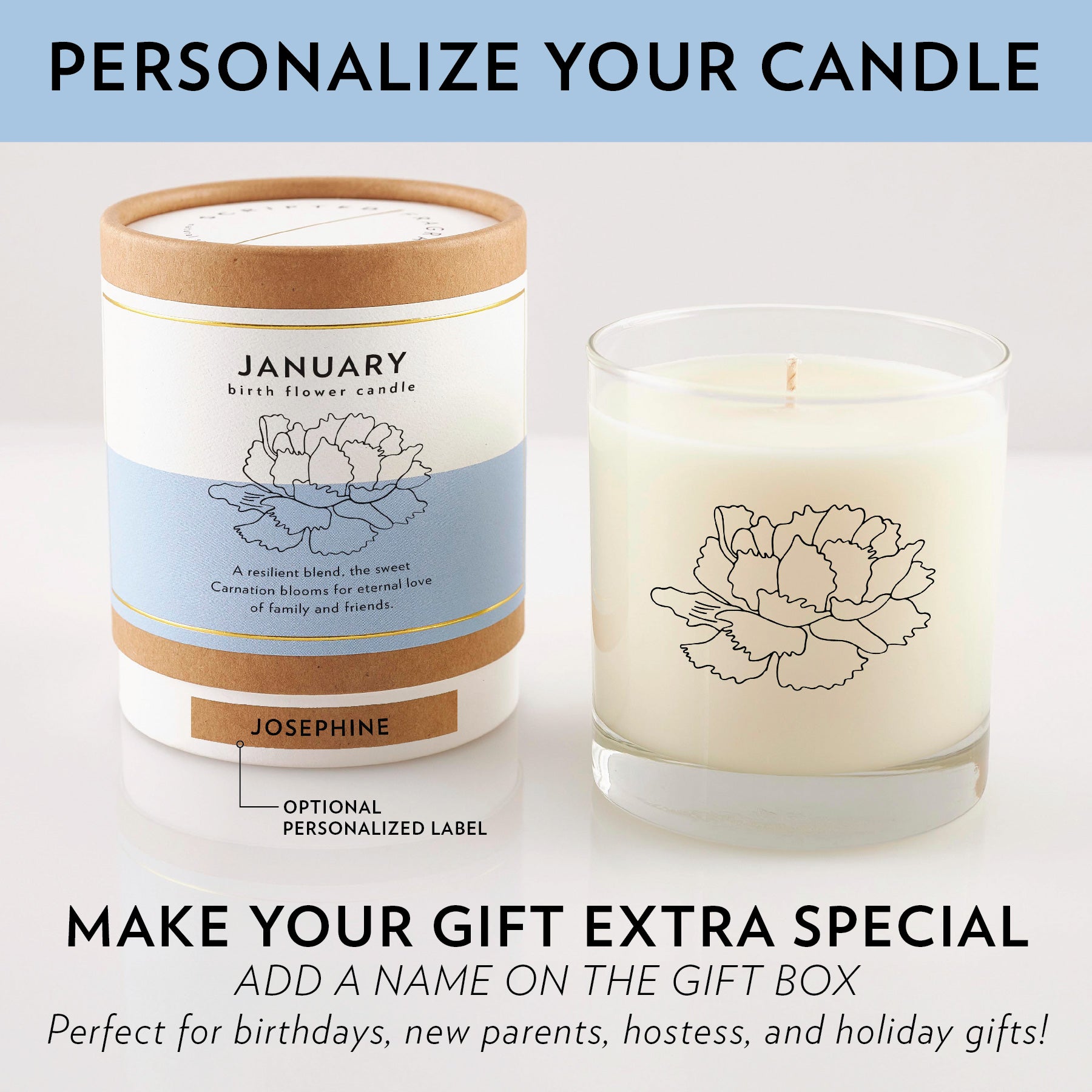 Personalized January birth month candle – carnation fragrance with soy wax