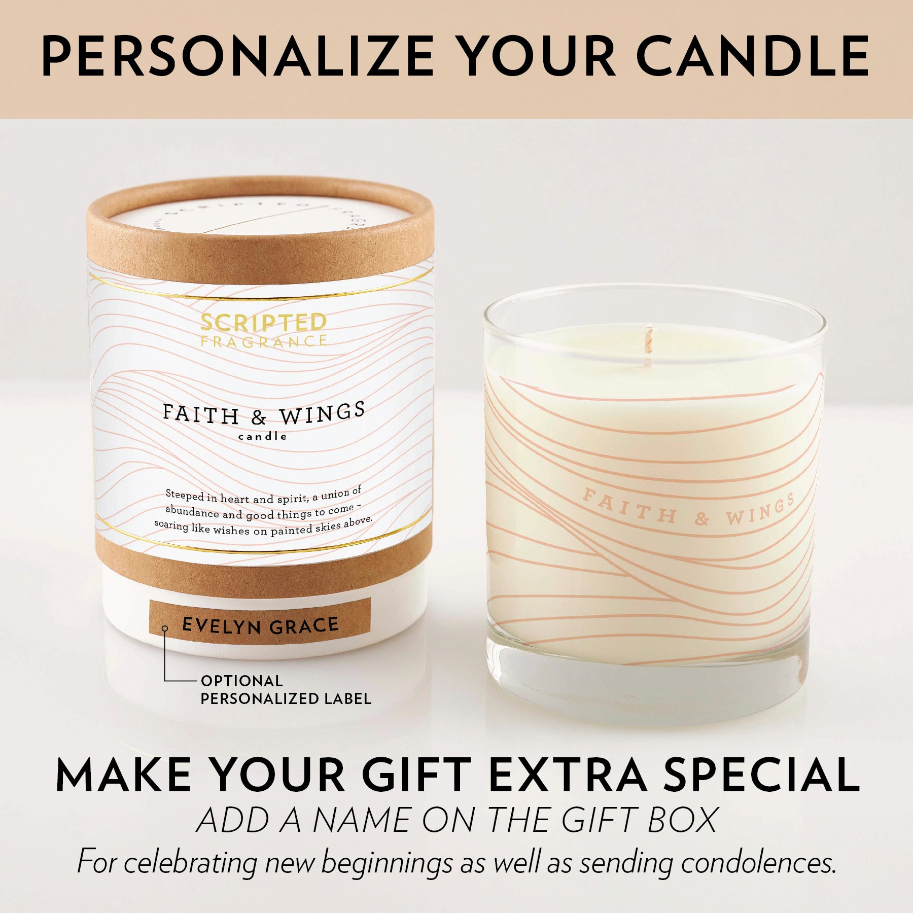 Example of personalized candle gift. Add name, monogram or note to make it custom and extra special. 