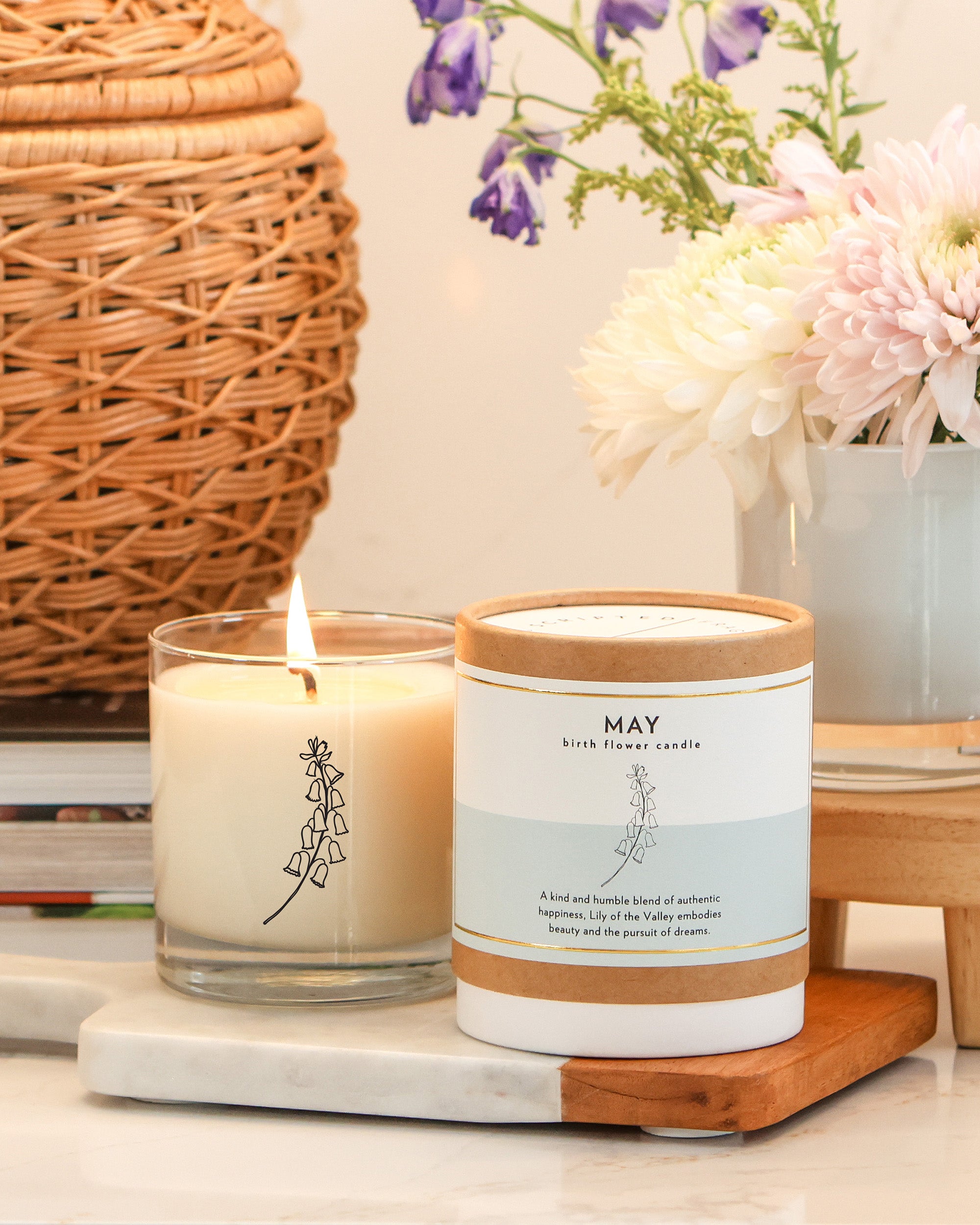 May birth flower candle with lily of the valley notes in reusable drinking glass, ideal for gifting