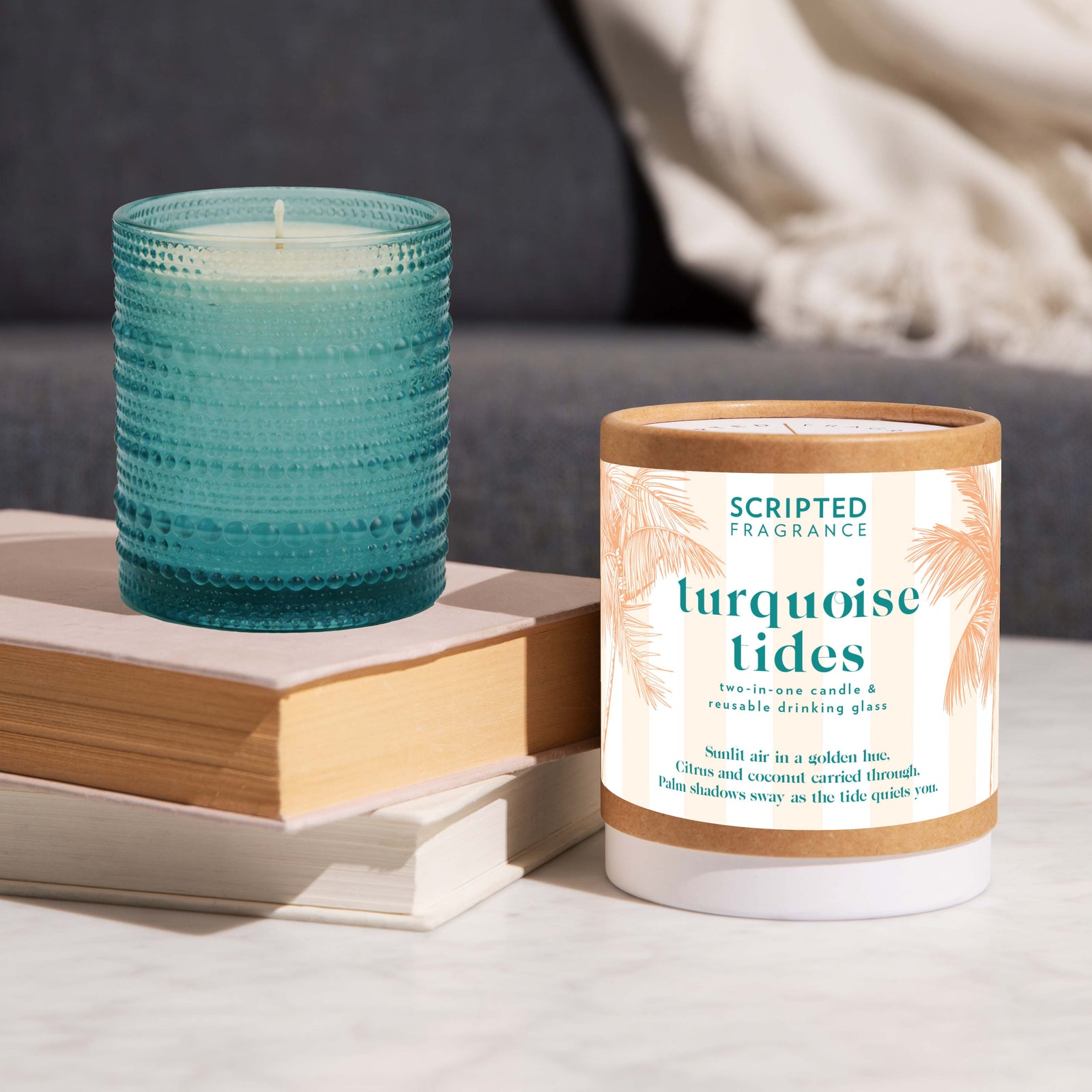 Turquoise Tides Soy Candle in Hobnail Drinking Glass | Tropical Teakwood, Citrus, Coconut, Ocean