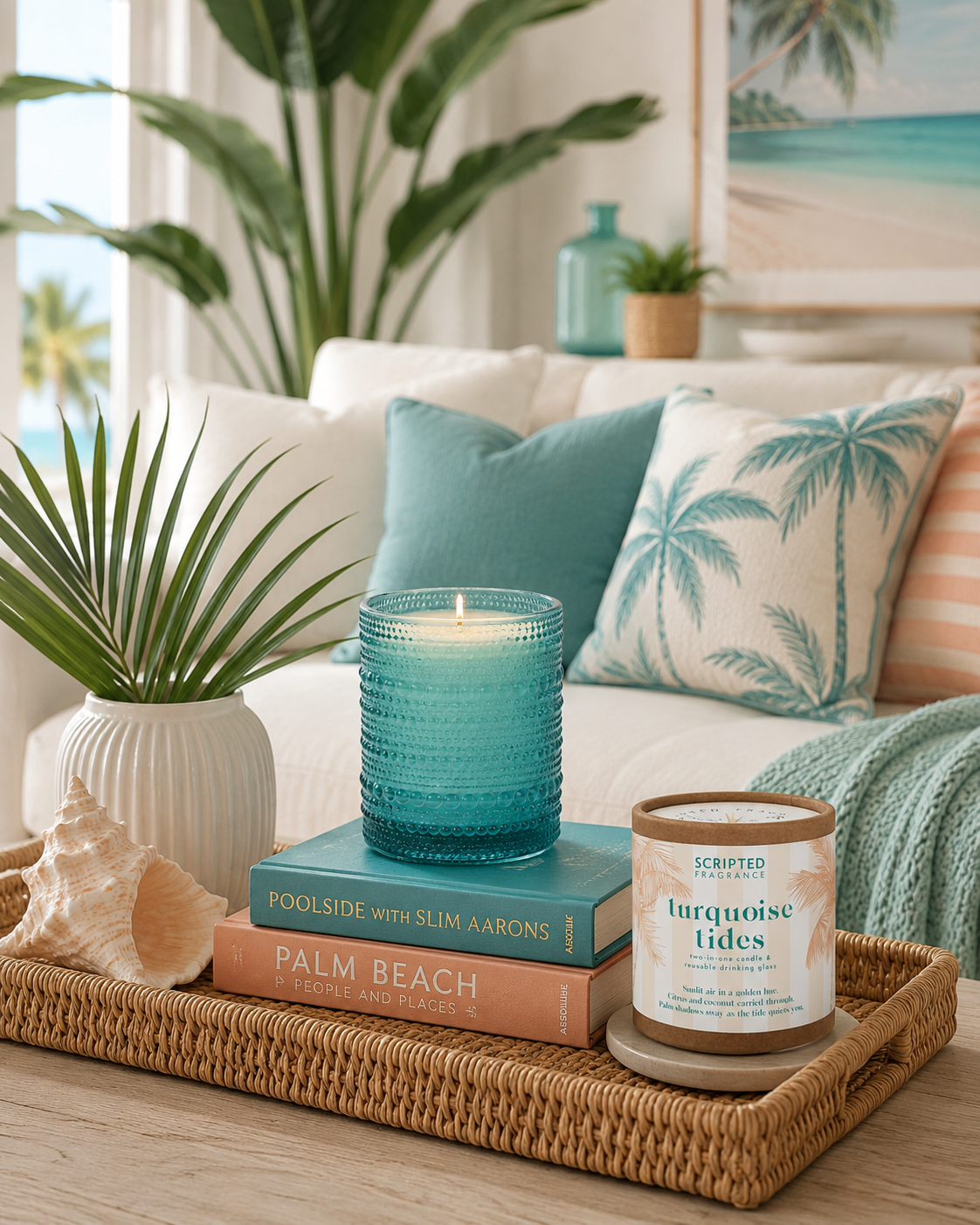 Turquoise Tides Soy Candle in Hobnail Drinking Glass | Tropical Teakwood, Citrus, Coconut, Ocean