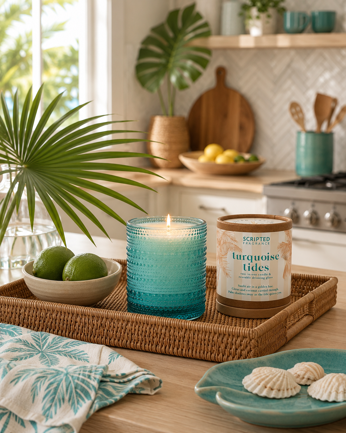 Turquoise Tides Soy Candle in Hobnail Drinking Glass | Tropical Teakwood, Citrus, Coconut, Ocean