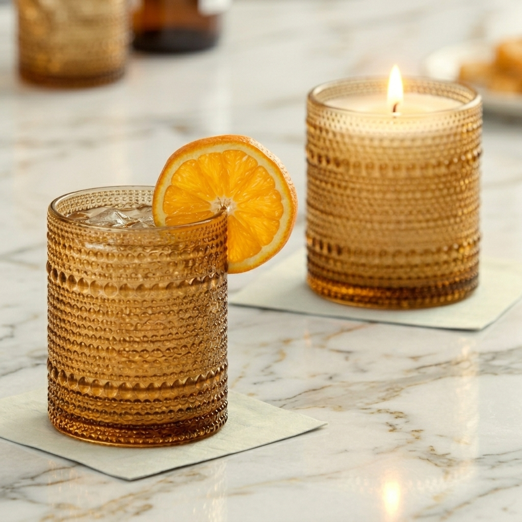 Golden Grace soy candle in its reusable amber hobnail glass, doubling as a cocktail glass with an orange garnish