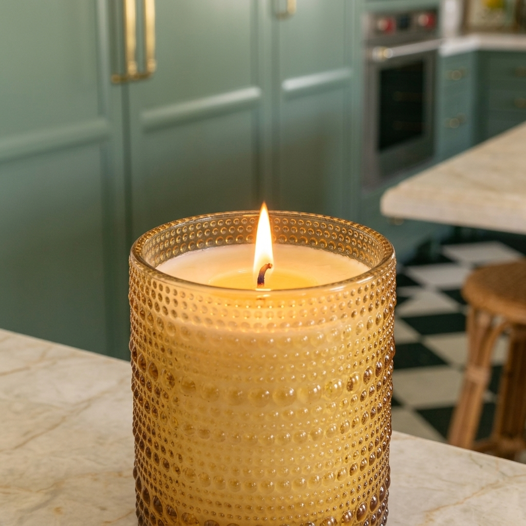 Golden Grace fall soy candle burning in its reusable amber hobnail glass on a kitchen counter