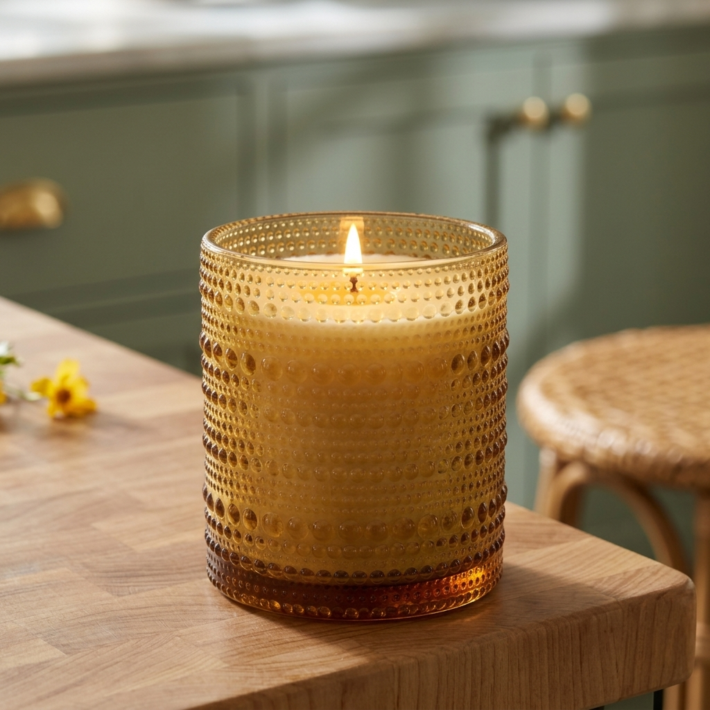 Close-up of the clean-burning wick and wax pool in a Golden Grace soy candle's amber hobnail glass