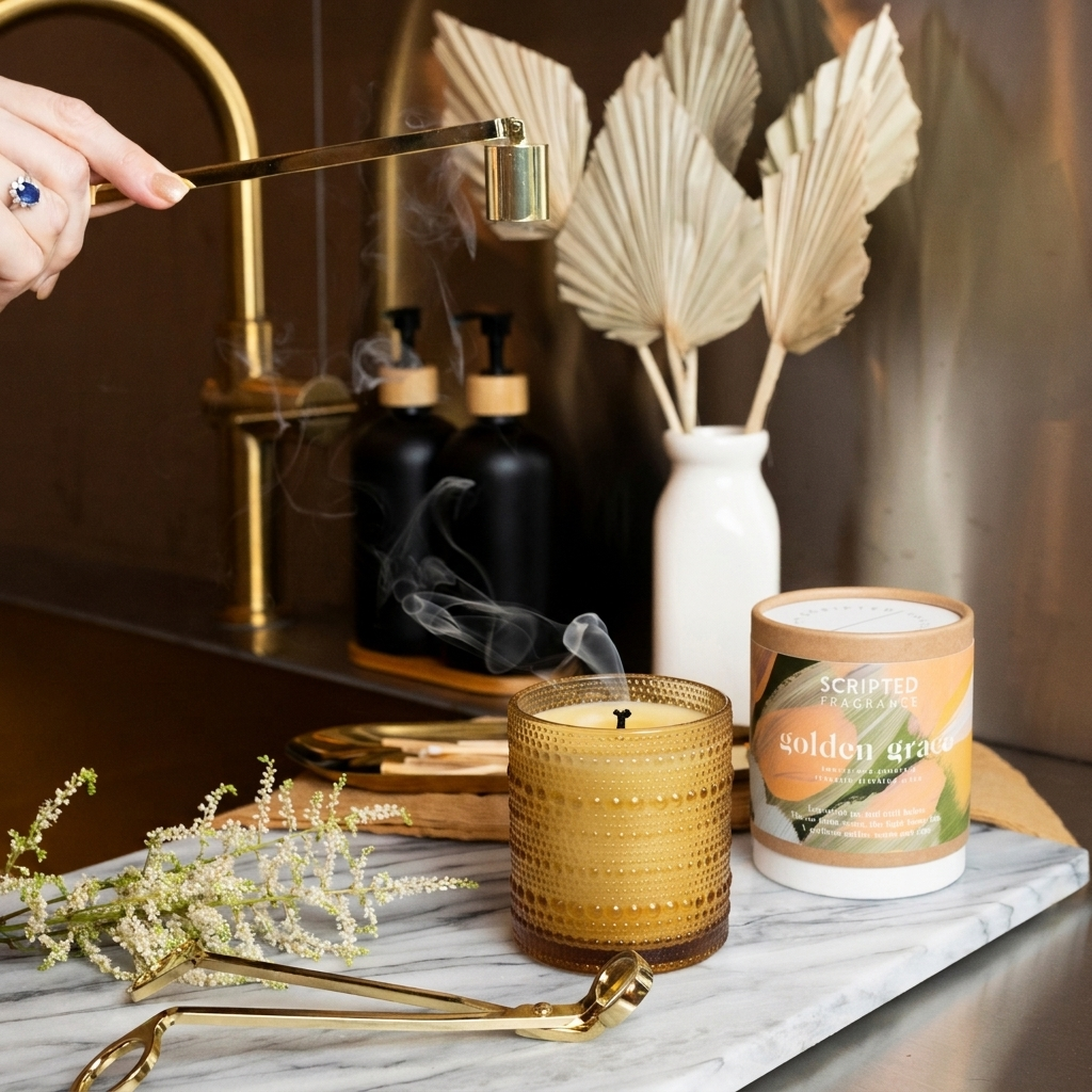 Hand using a gold wick snuffer to extinguish a Golden Grace soy candle, smoke rising above the amber hobnail glass