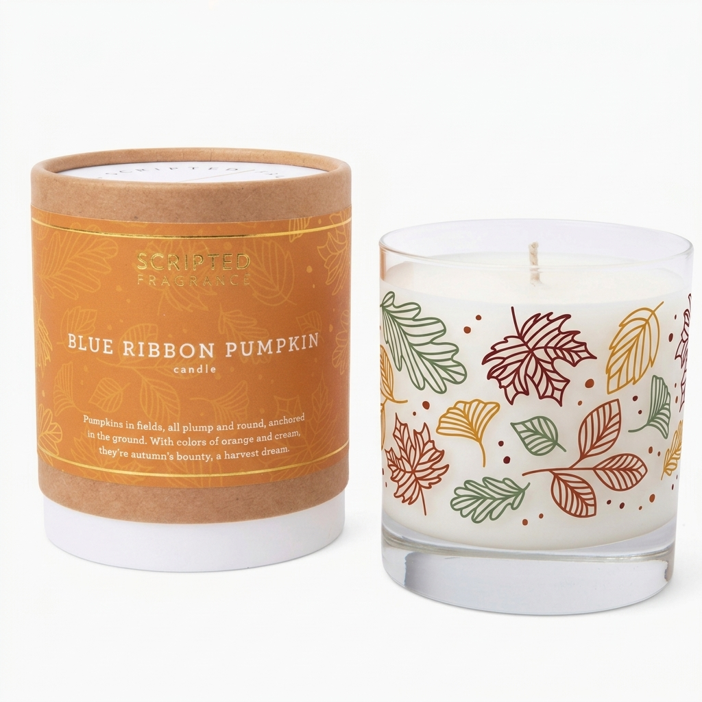 Scripted Fragrance Blue Ribbon Pumpkin soy candle in a Reusable Rocks Glass
