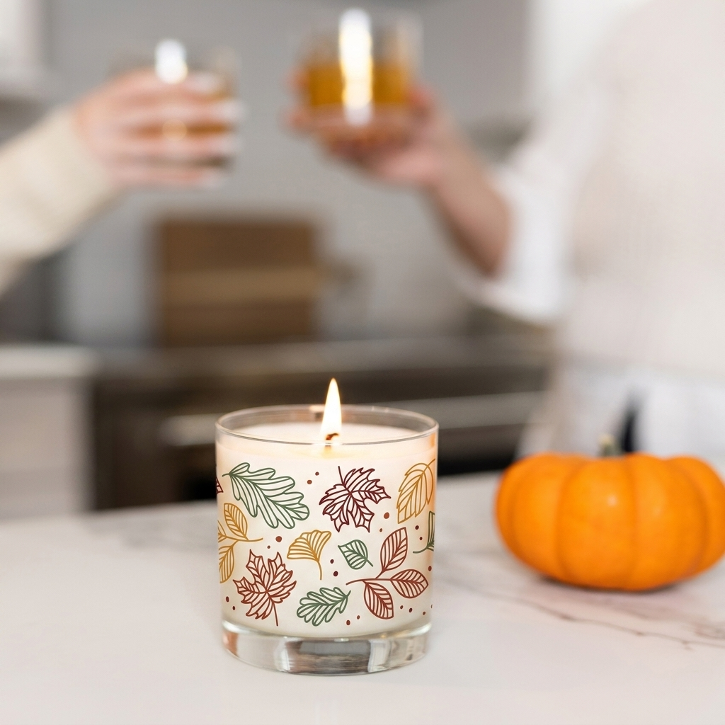 Burning Scripted Fragrance fall soy candle, hand-poured in Warwick, NY with cheers in background