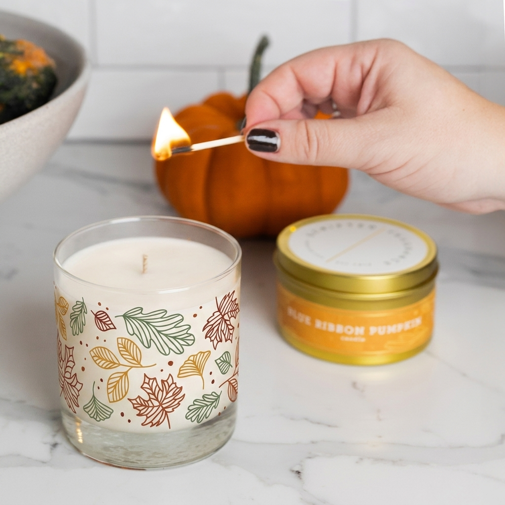 Hand lighting a Scripted Fragrance fall soy candle, hand-poured in Warwick, NY