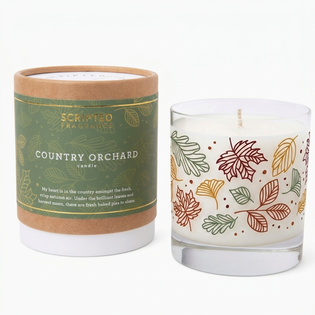 Scripted Fragrance Country Orchard soy candle in a Reusable Rocks Glass