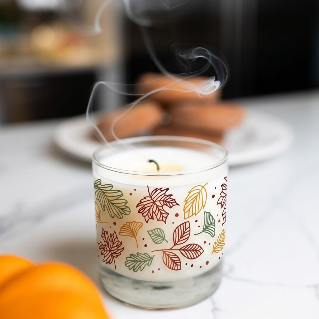 Smoke rising from a lit Scripted Fragrance fall soy candle beside a plate of donuts