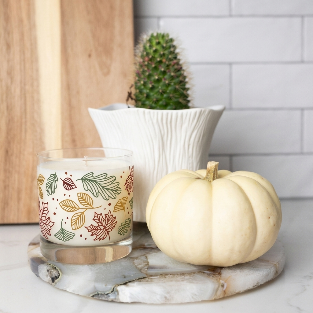 Scripted Fragrance fall soy candle styled with mini white pumpkins and a succulent