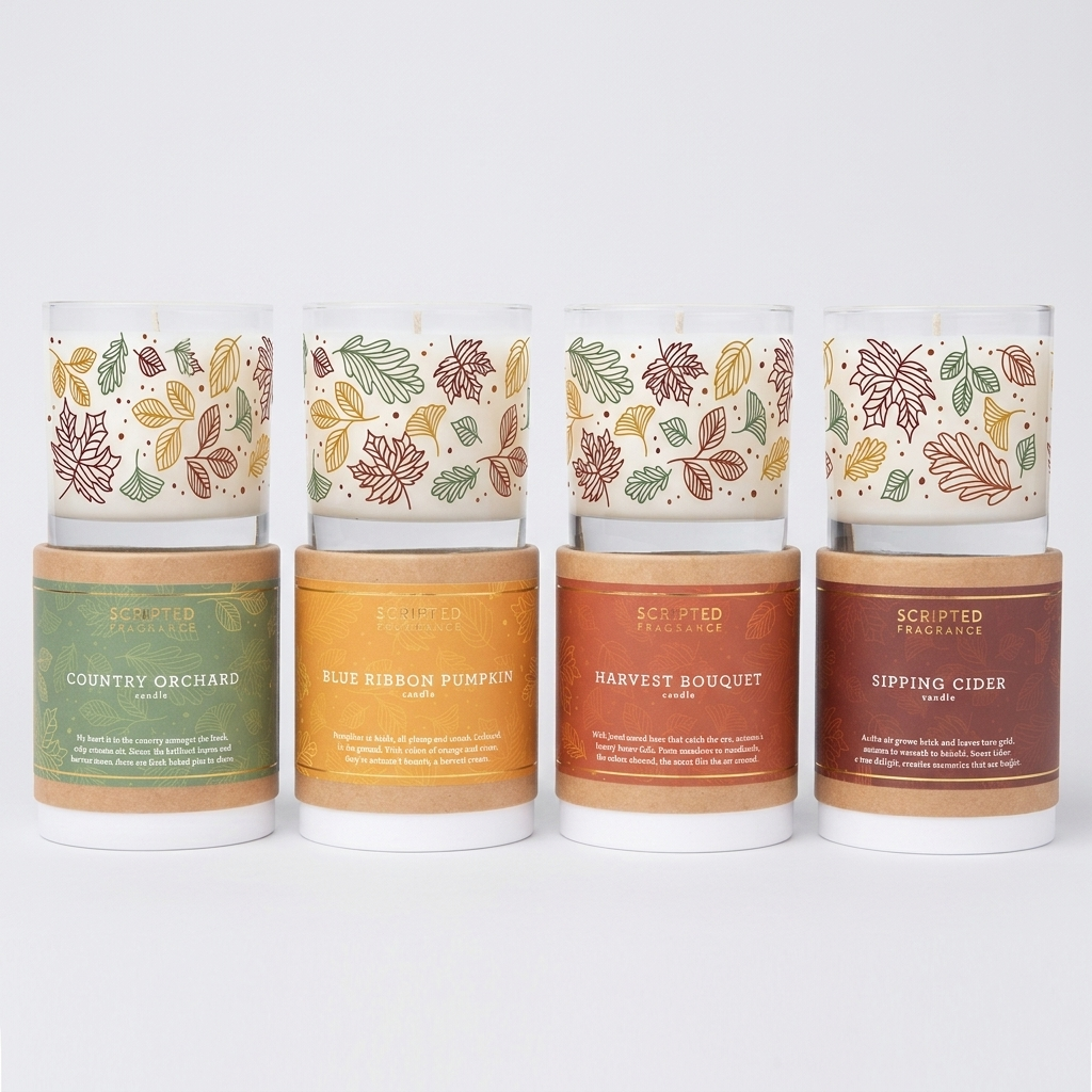 Scripted Fragrance fall soy candle collection in Reusable Rocks Glasses: Country Orchard, Blue Ribbon Pumpkin, Harvest Bouquet, Sipping Cider