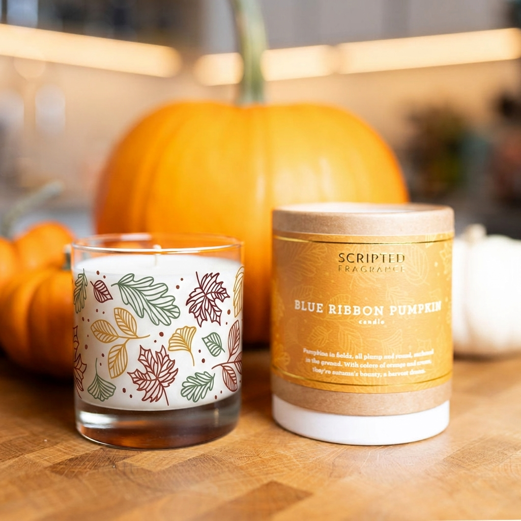 Scripted Fragrance Blue Ribbon Pumpkin soy candle in a Reusable Rocks Glass
