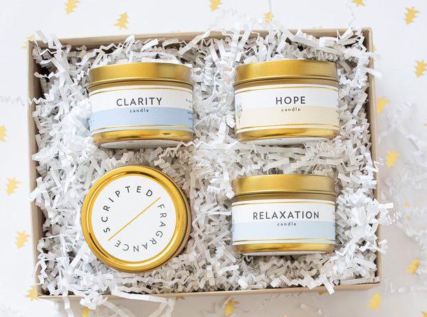 Meditation and Wellness Collection Gift Set |  4 Mini Gold Tin Soy Candles