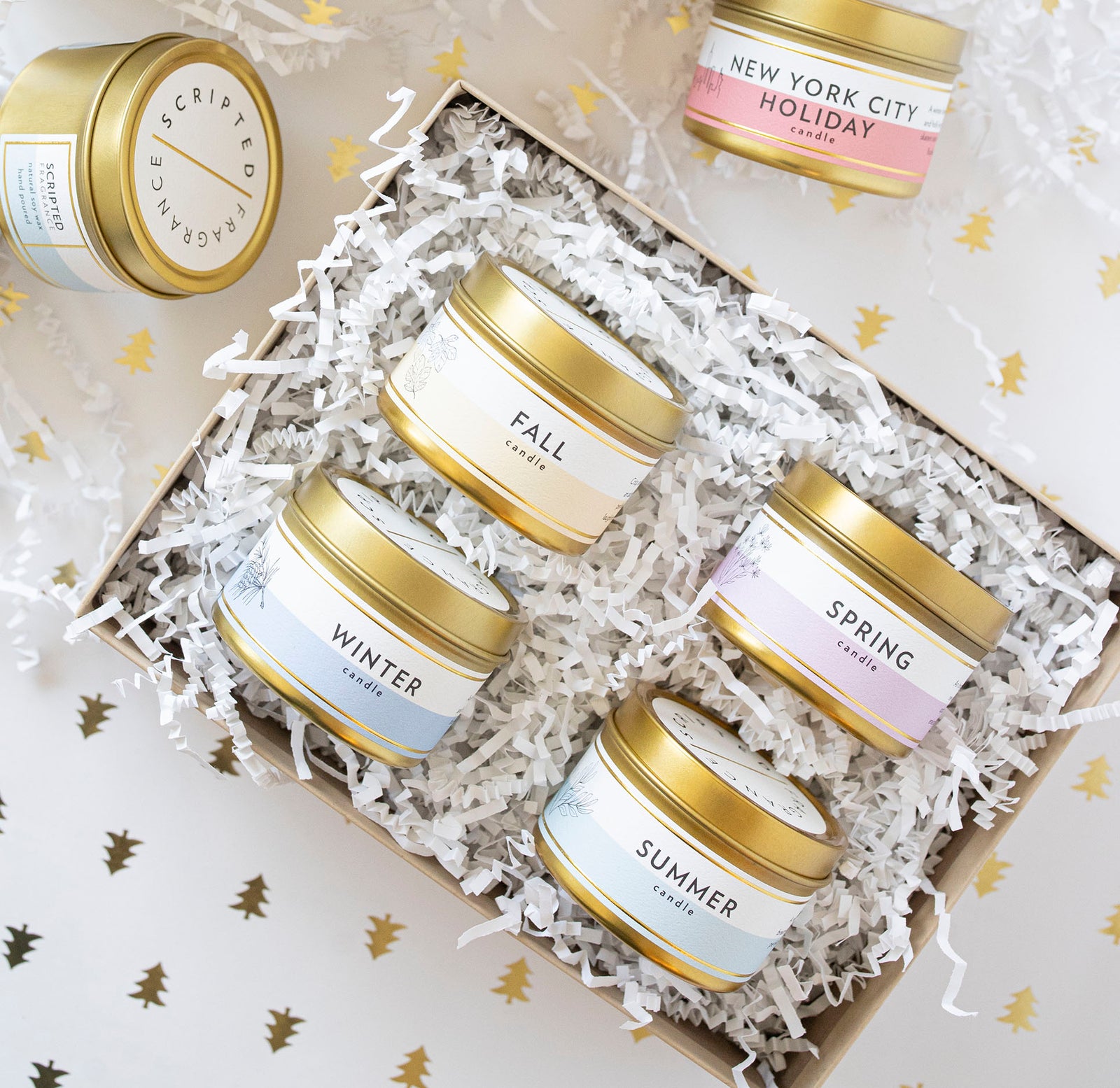 Seasonal Collection Gift Set |  4 Mini Gold Tin Soy Candles