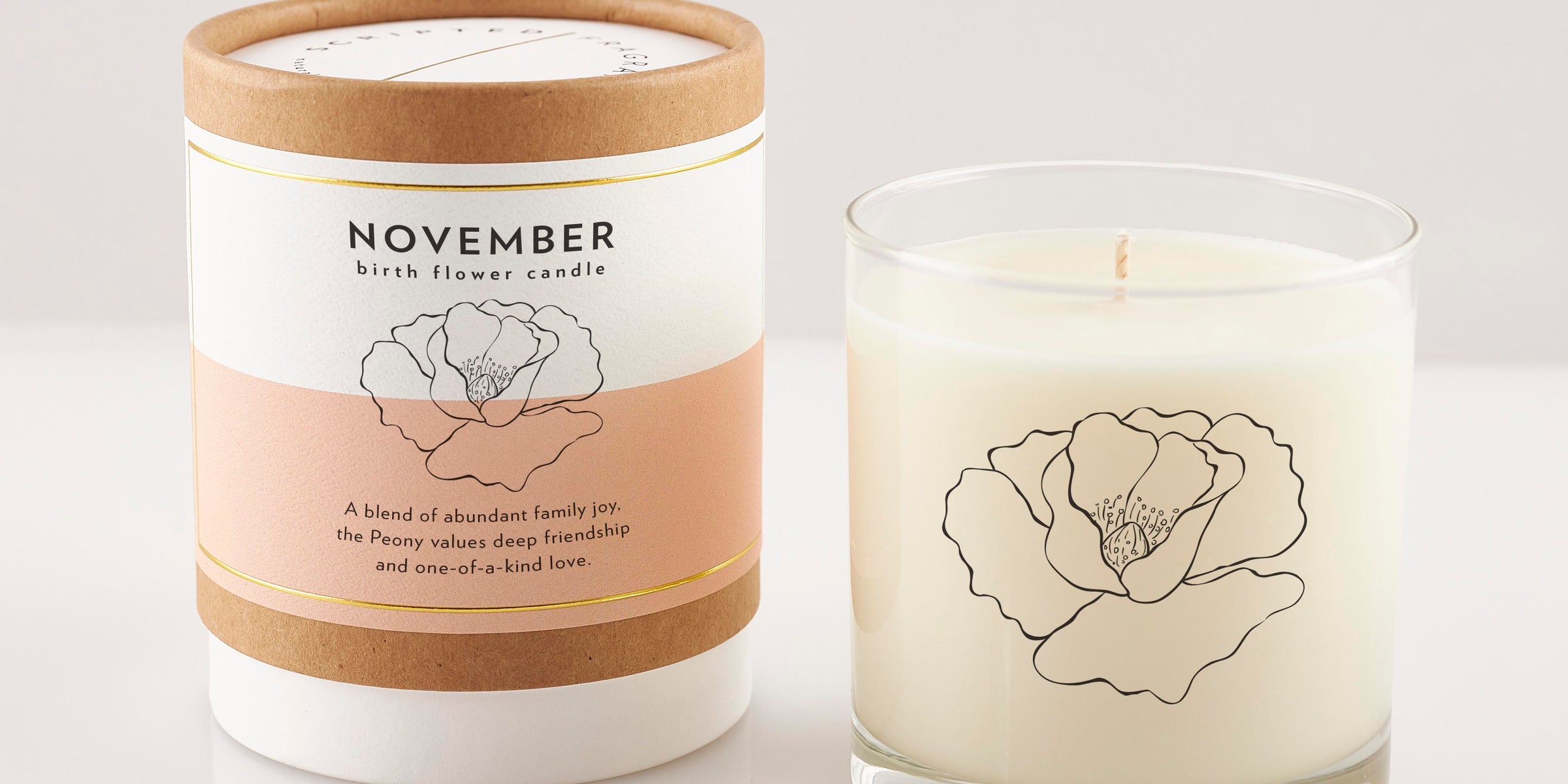 November Peony Candle in reusable drinking glass with soft floral scent, 100% soy wax, perfect for birthday gifts