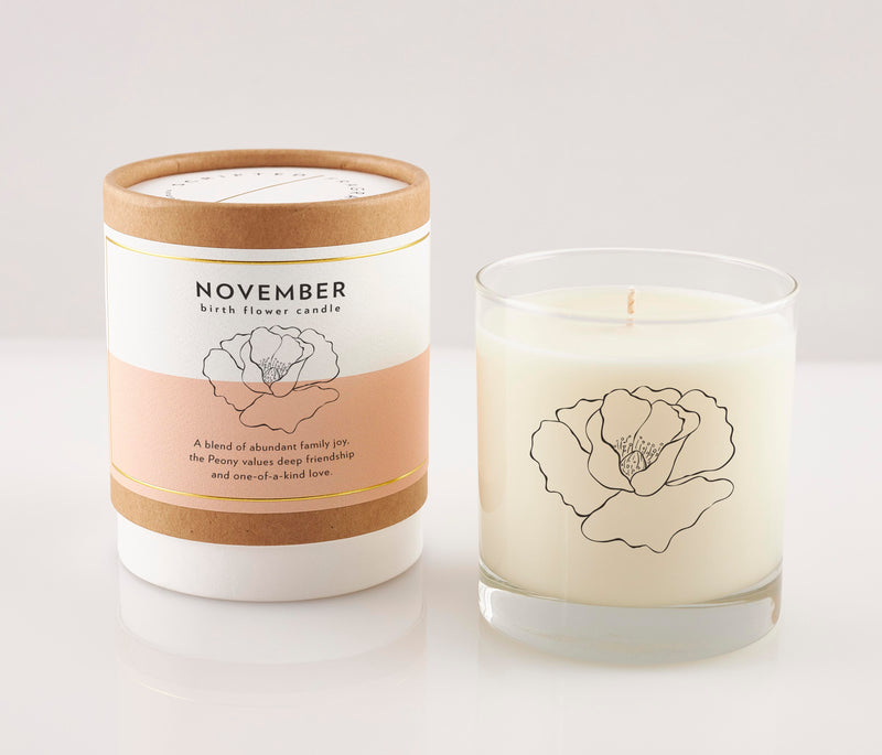 November Peony Candle in reusable drinking glass with soft floral scent, 100% soy wax, perfect for birthday gifts